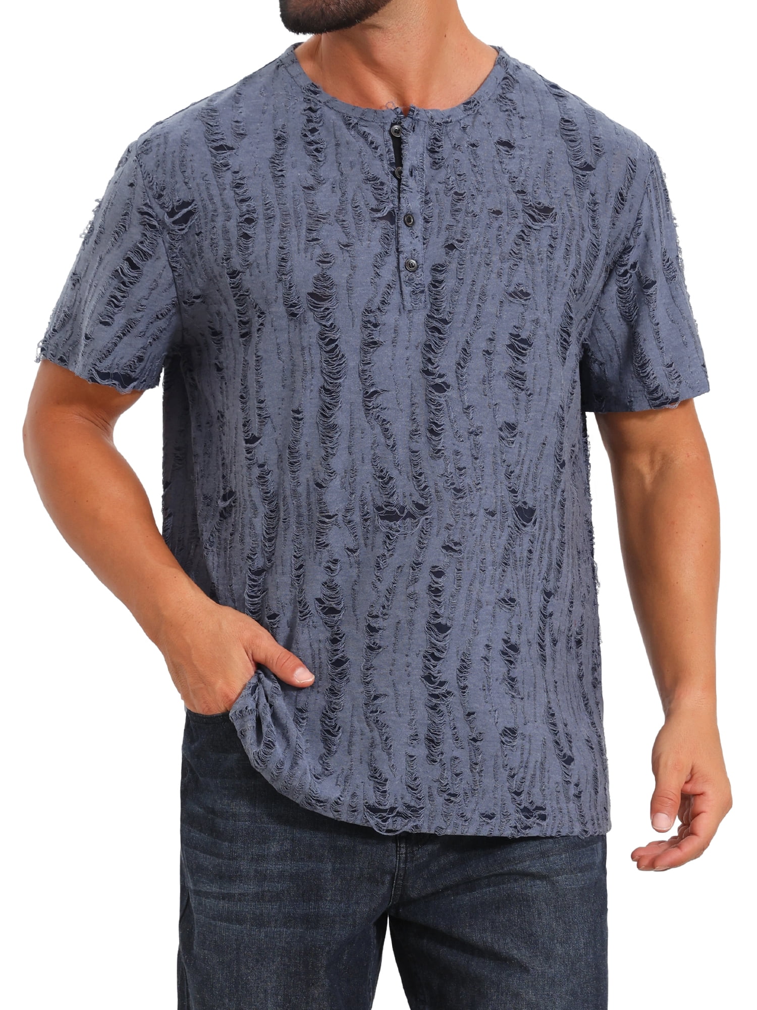 DARING DIVA Men's Ripped Henley Retro Short Sleeve Button Down T-Shirt L Gray Blue