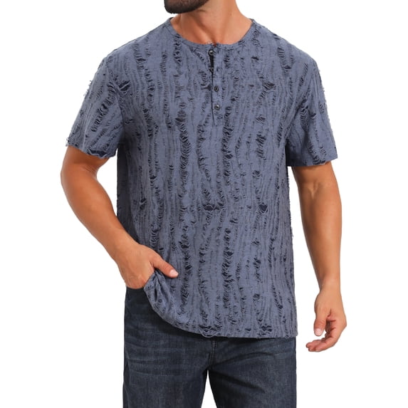 DARING DIVA Men's Ripped Henley Retro Short Sleeve Button Down T-Shirt S Gray Blue