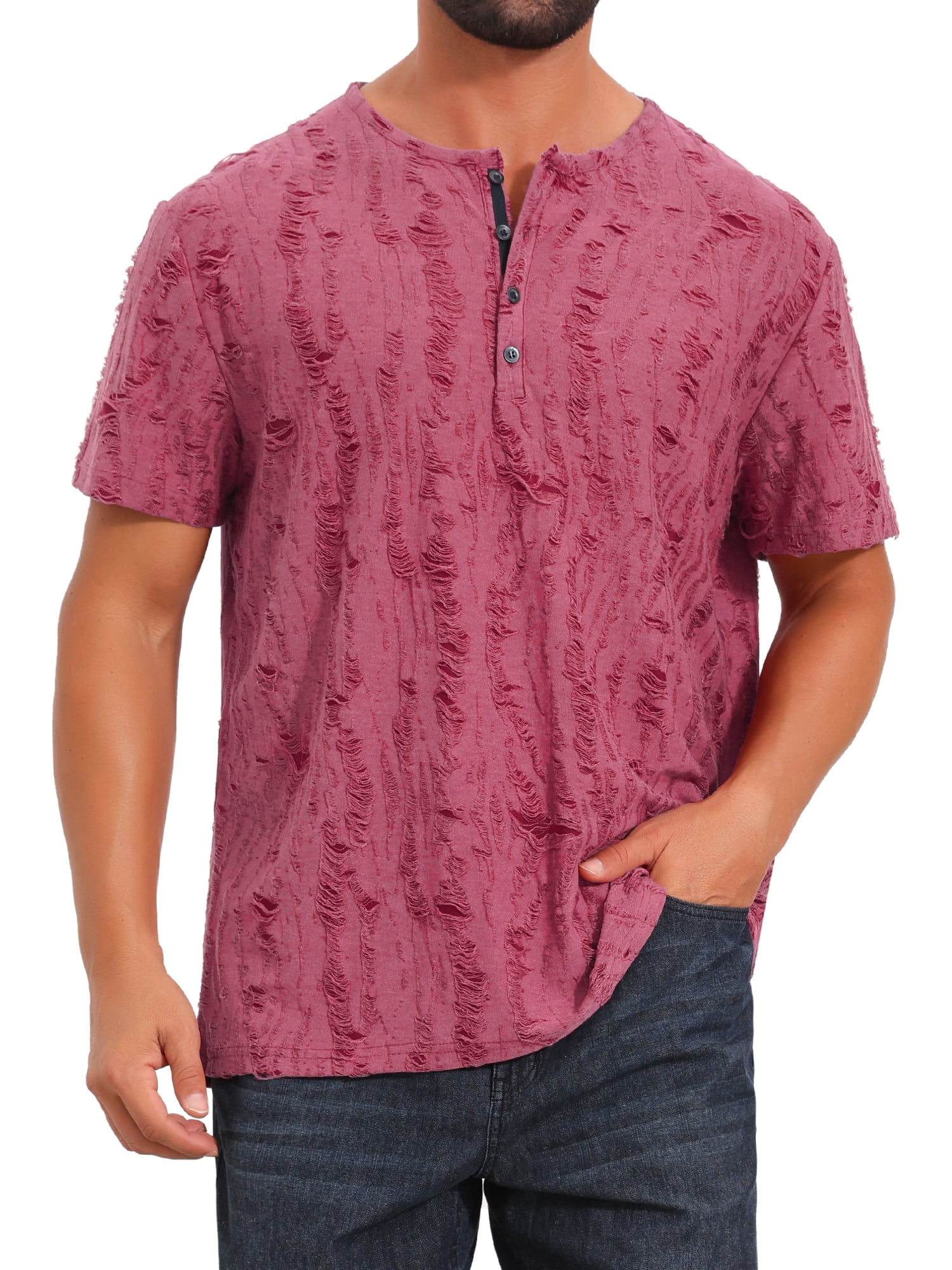 DARING DIVA Men's Ripped Henley Retro Short Sleeve Button Down T-Shirt S Red