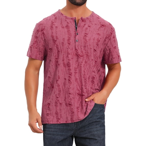 DARING DIVA Men's Ripped Henley Retro Short Sleeve Button Down T-Shirt S Red