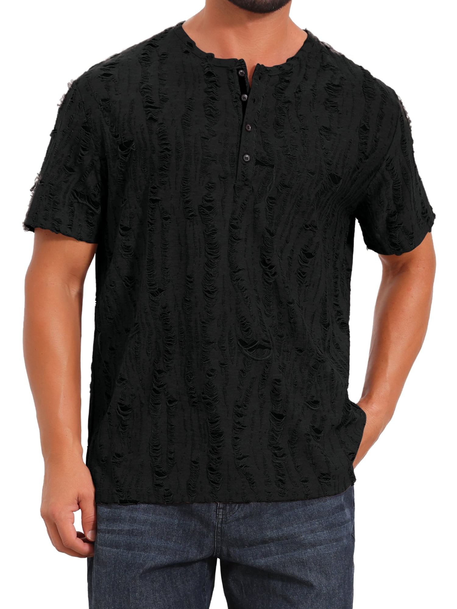 DARING DIVA Men's Ripped Henley Retro Short Sleeve Button Down T-Shirt XL Black