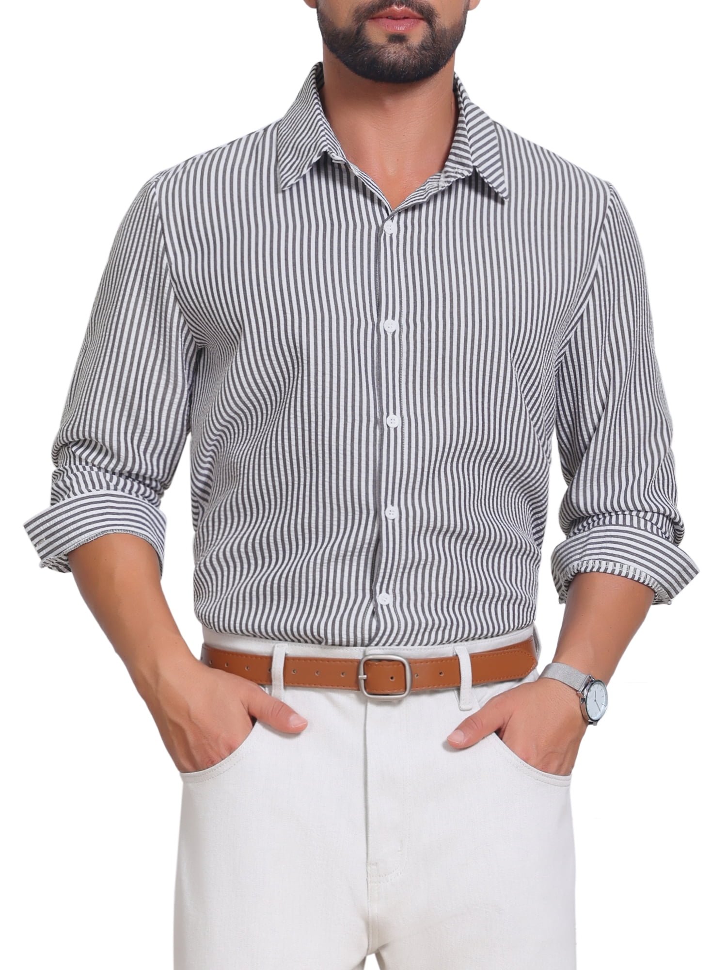 DARING DIVA Men's Seersucker Long Sleeve Button Down Textured Striped Shirts 2XL Black