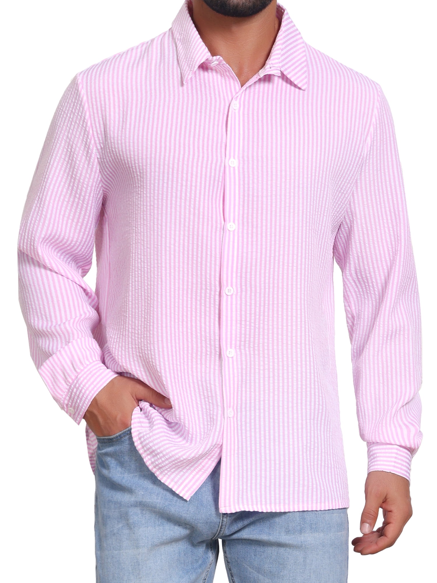 DARING DIVA Men's Seersucker Long Sleeve Button Down Textured Striped Shirts 2XL Pink