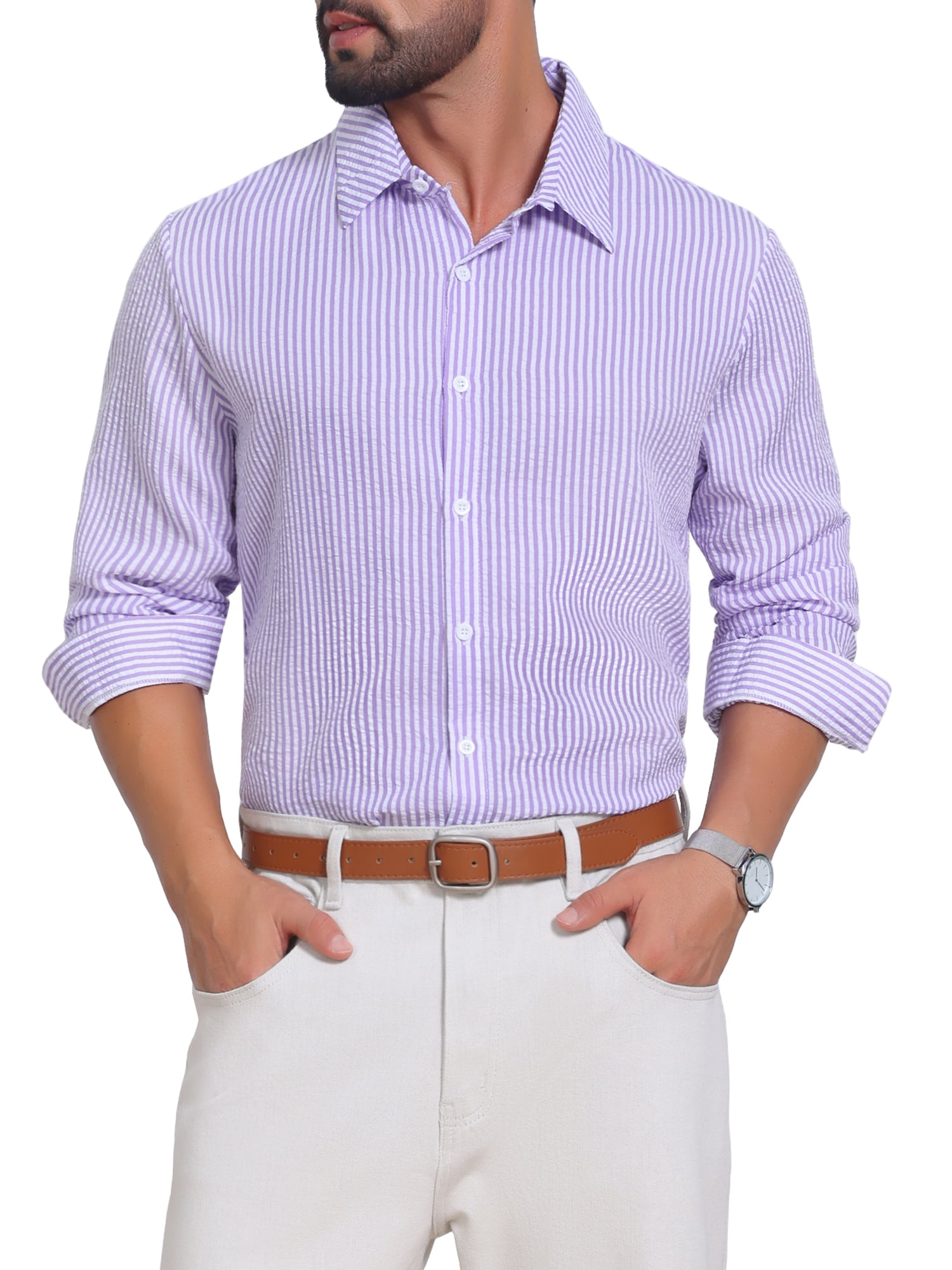 DARING DIVA Men's Seersucker Long Sleeve Button Down Textured Striped Shirts 2XL Purple