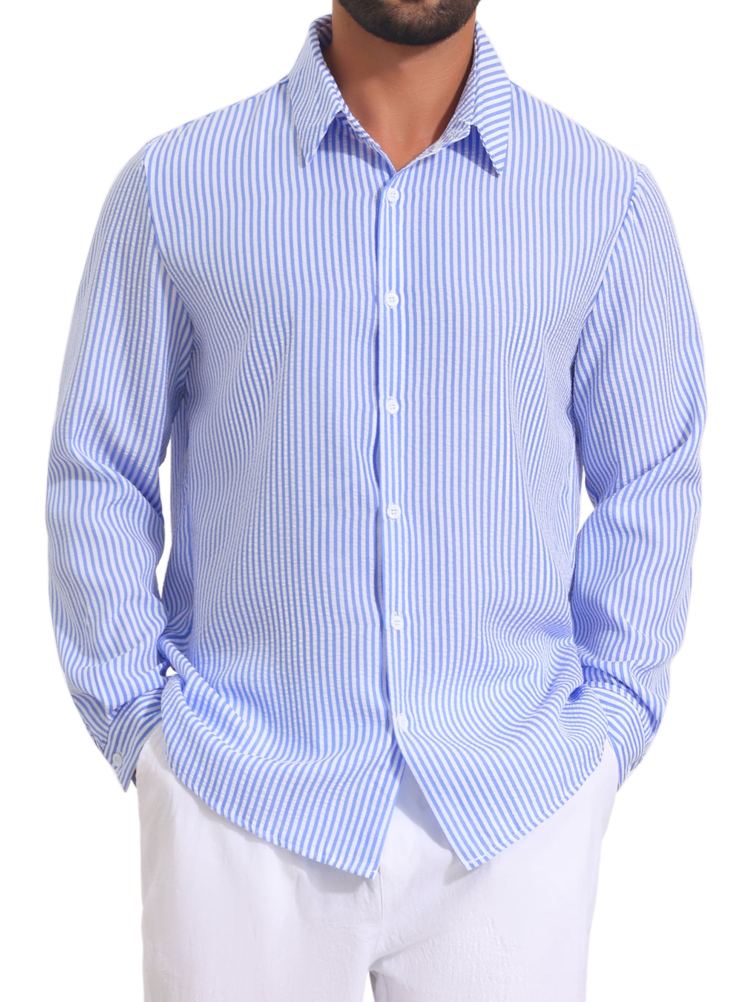 DARING DIVA Men's Seersucker Long Sleeve Button Down Textured Striped Shirts L Blue