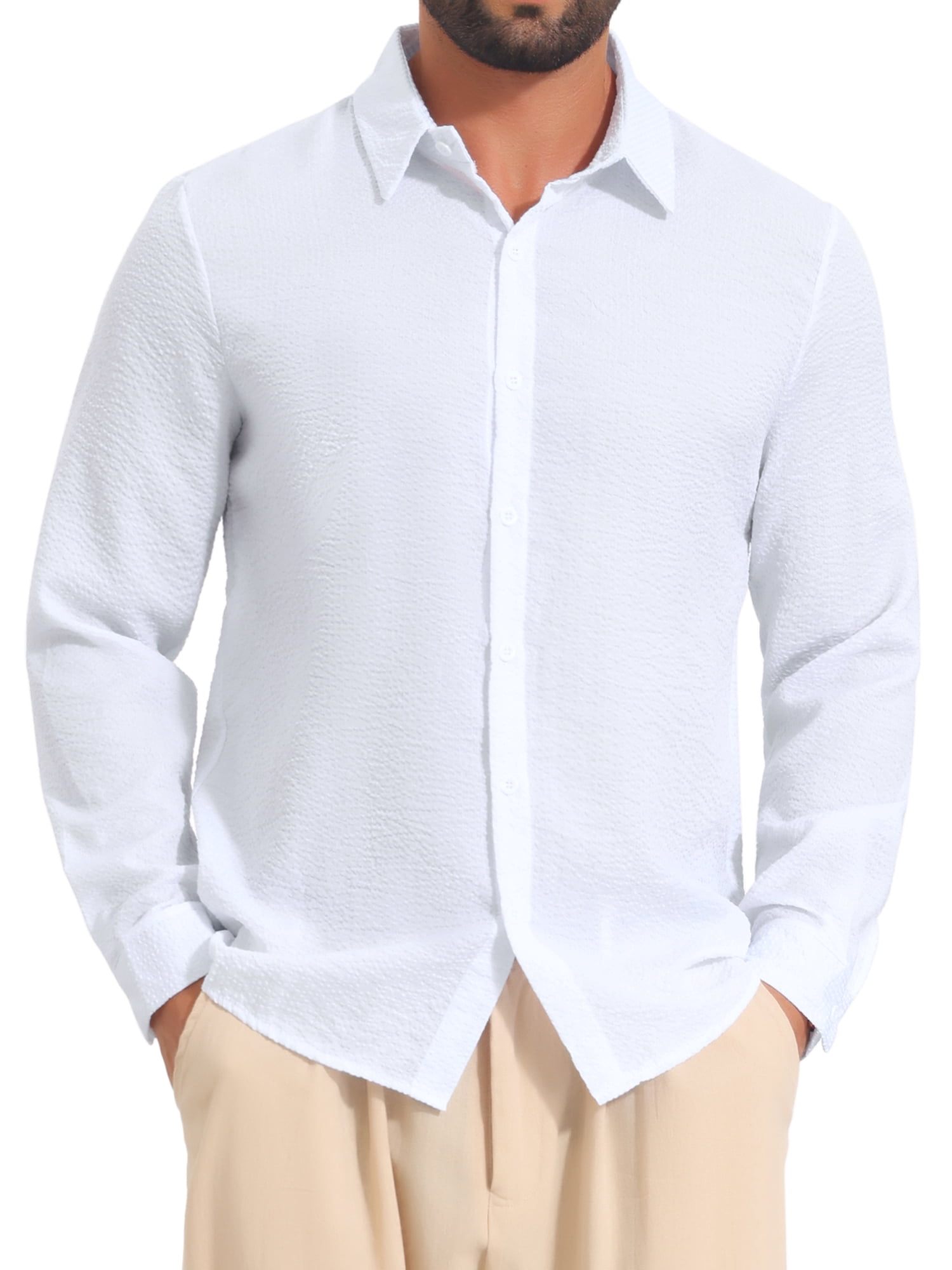 DARING DIVA Men's Seersucker Long Sleeve Button Down Textured Striped Shirts M White