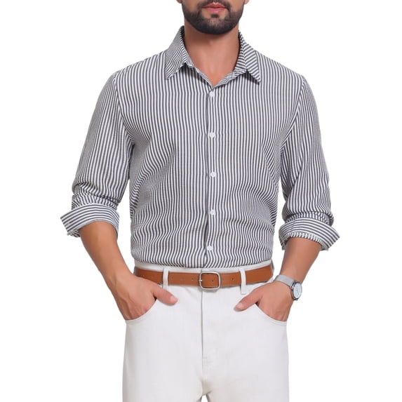 DARING DIVA Men's Seersucker Long Sleeve Button Down Textured Striped Shirts S Black