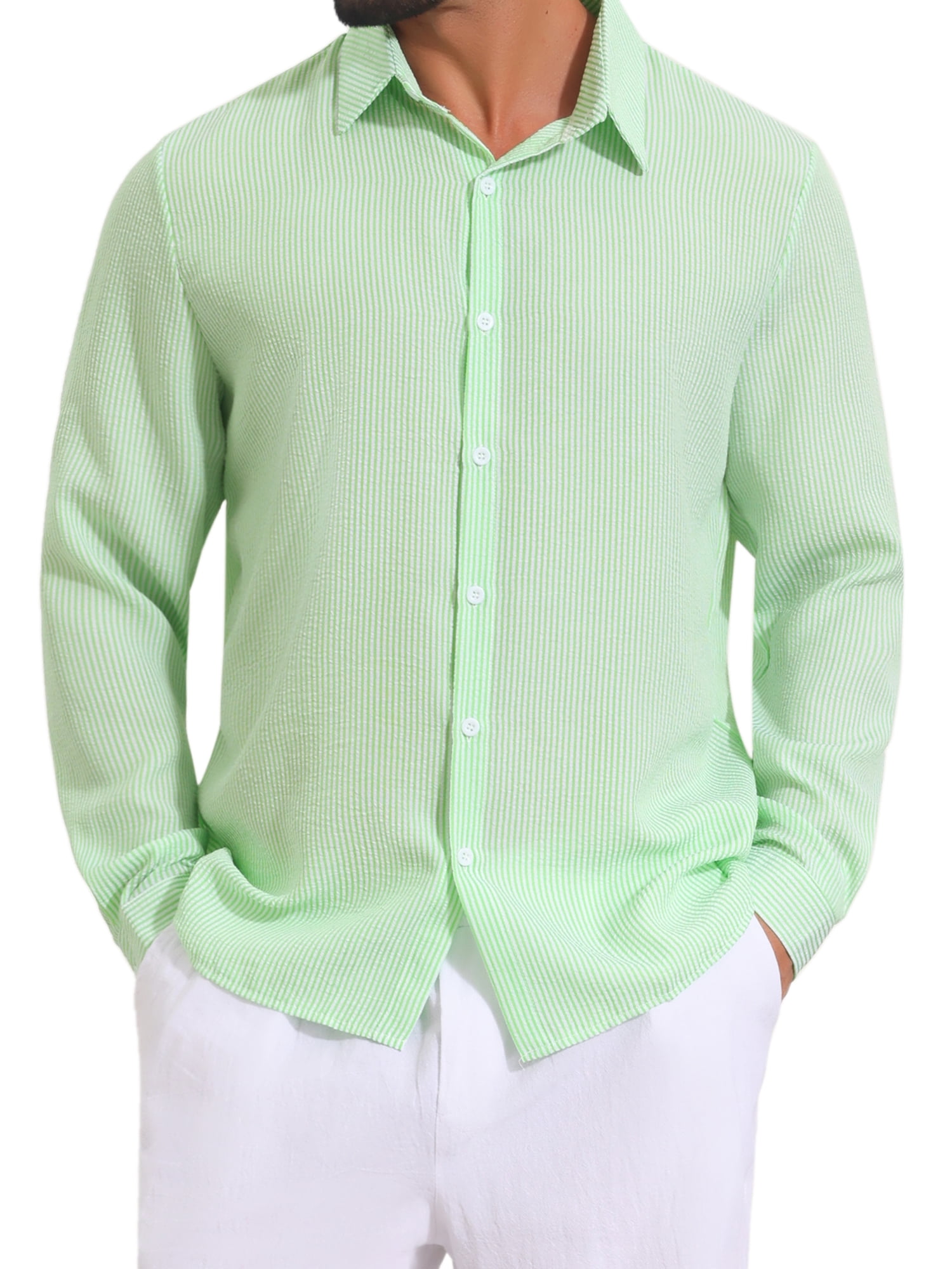 DARING DIVA Men's Seersucker Long Sleeve Button Down Textured Striped Shirts XL Green