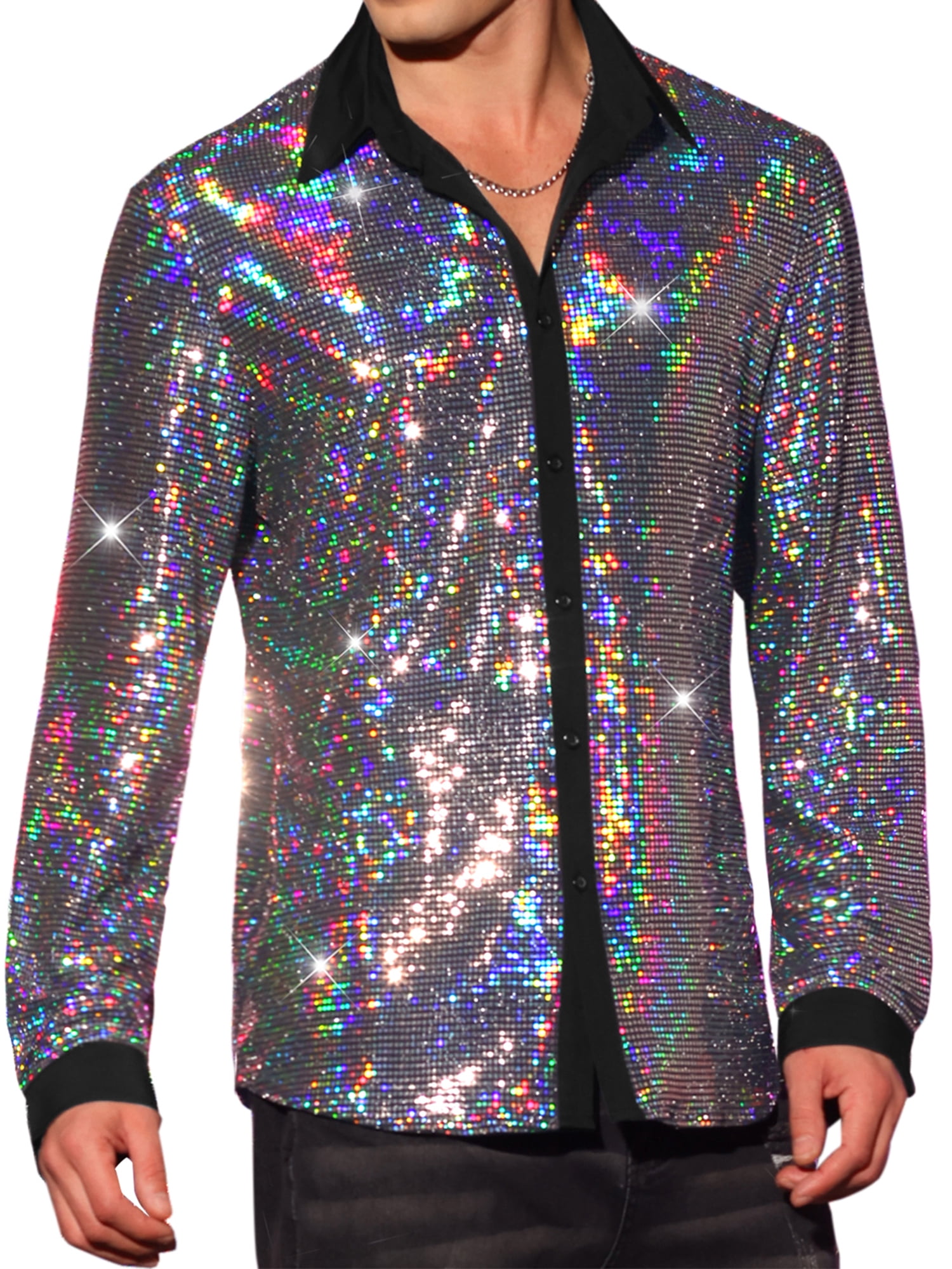 DARING DIVA Men's Sequin Long Sleeves Button Down Disco Metallic Shiny Shirts M Silver
