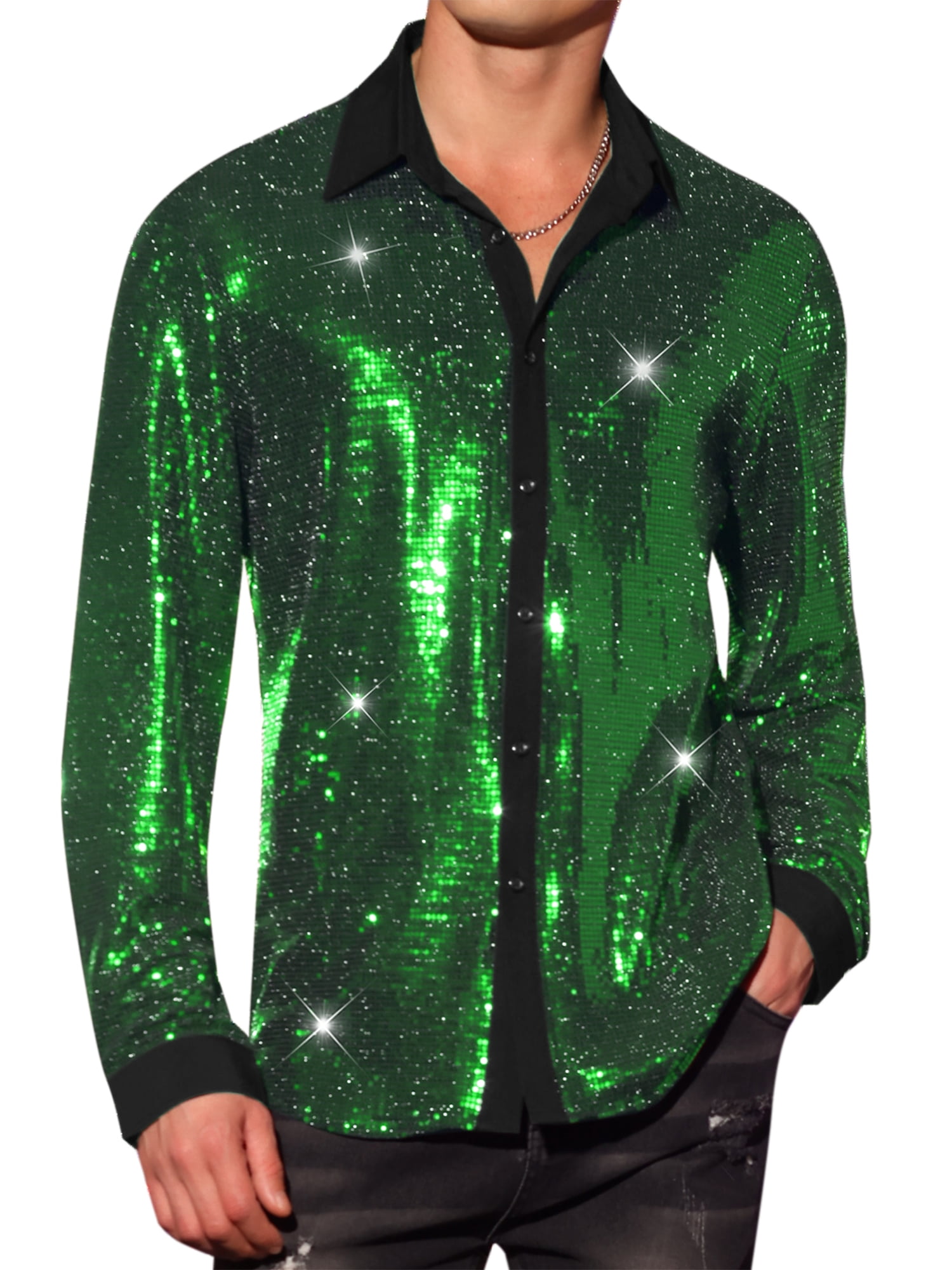 DARING DIVA Men's Sequin Long Sleeves Button Down Disco Metallic Shiny Shirts XL Green