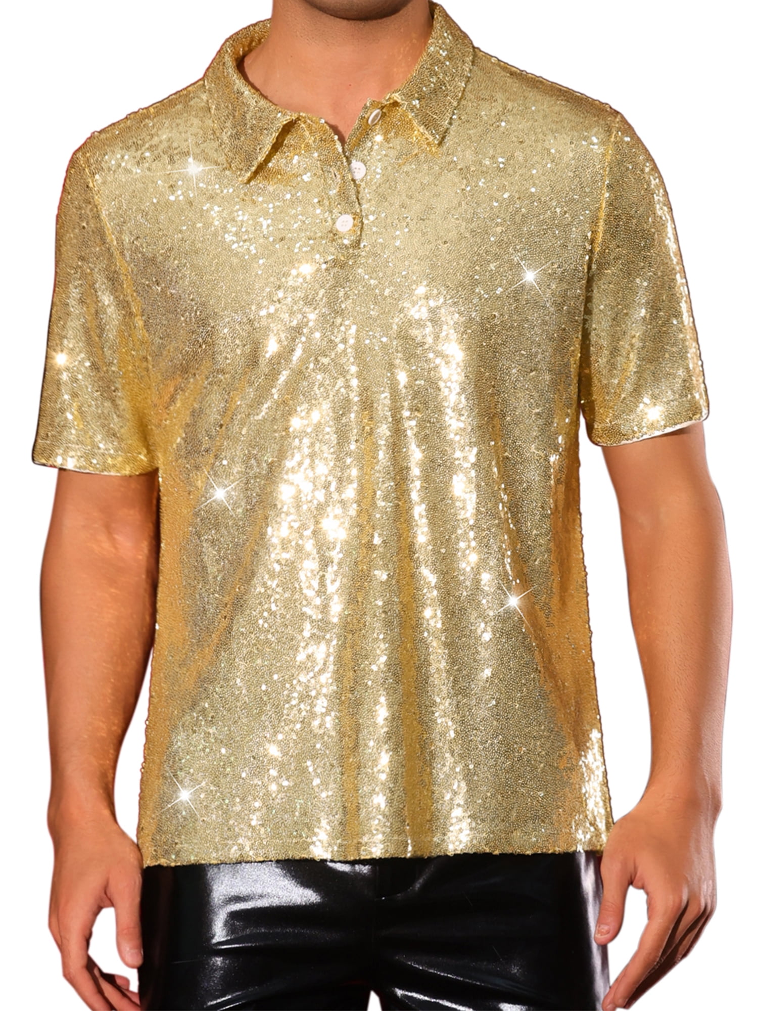 DARING DIVA Men's Sequin Short Sleeve Sparkle Prom Glitter Collared Polo Shirts XL Gold