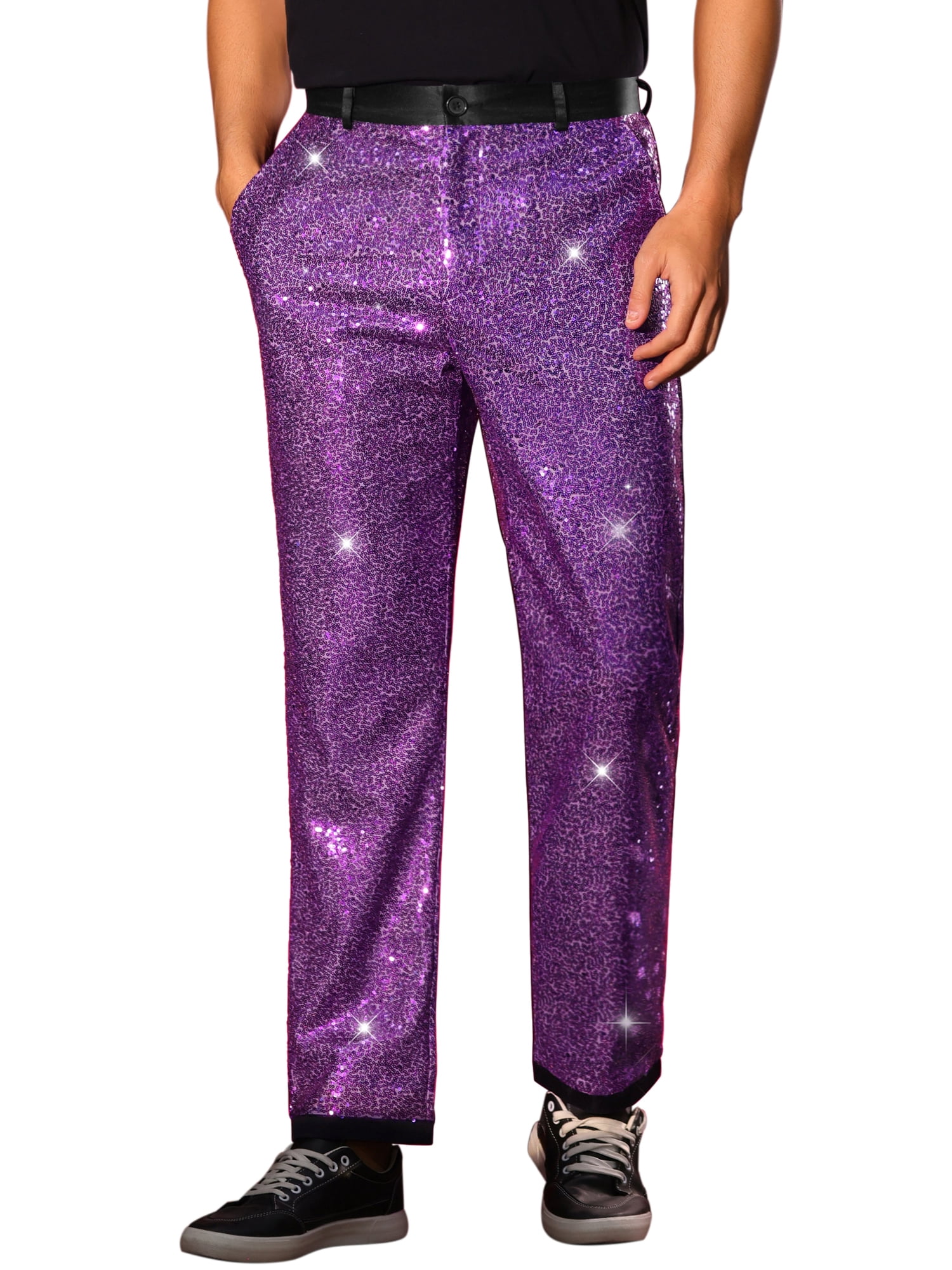 DARING DIVA Men's Shiny Sequin Pants with Straight Leg Design Pants 32 Purple