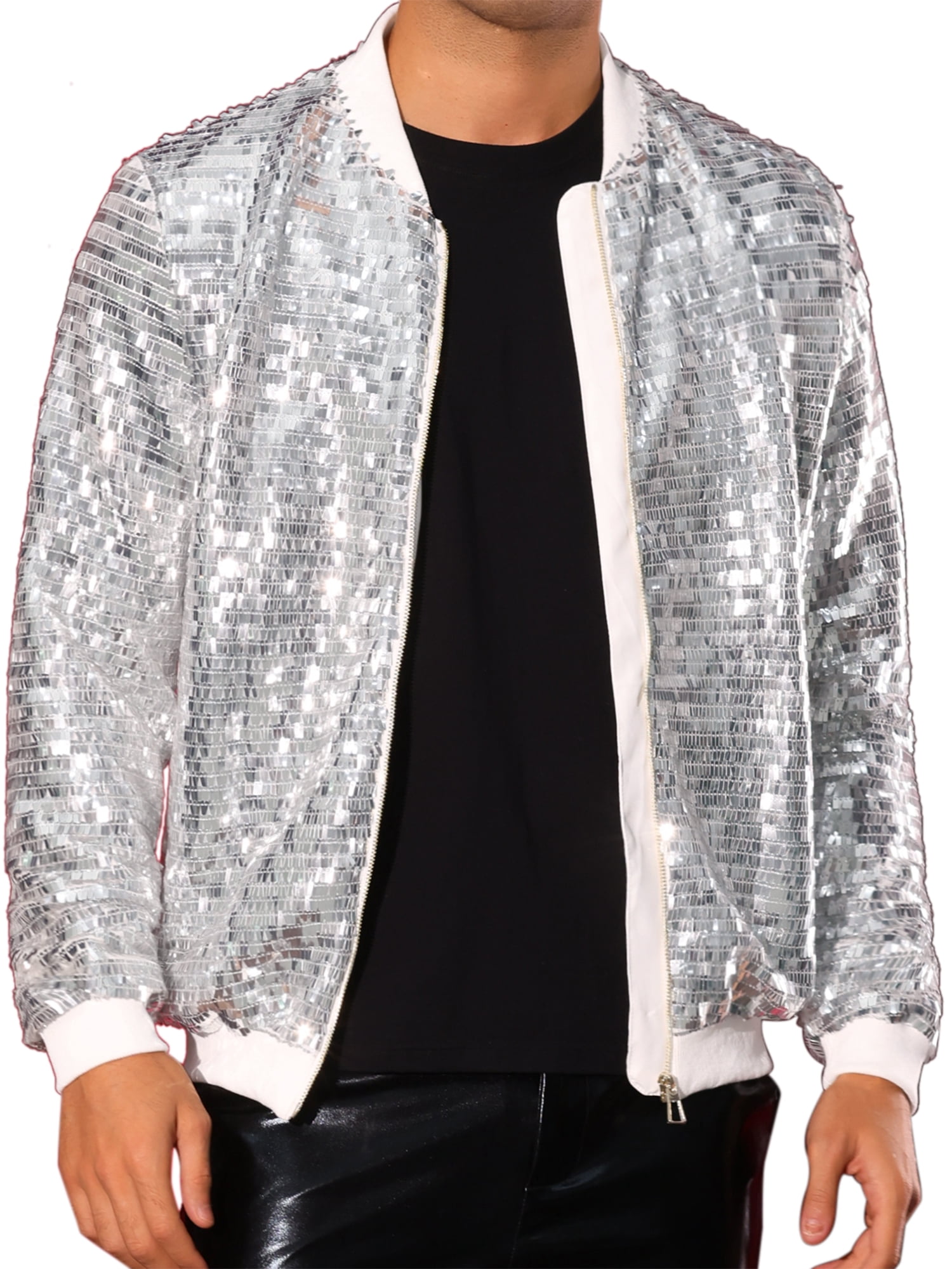 DARING DIVA Men's Sequin Varsity Zipper Disco Sparkly Shiny Bomber Jacket M Silver