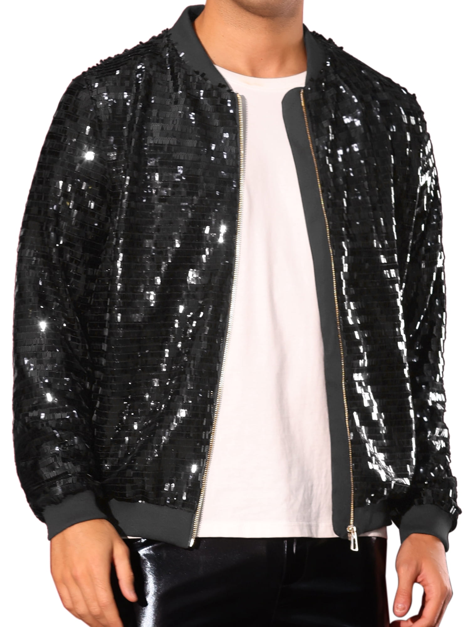 DARING DIVA Men's Sequin Varsity Zipper Disco Sparkly Shiny Bomber Jacket S Black