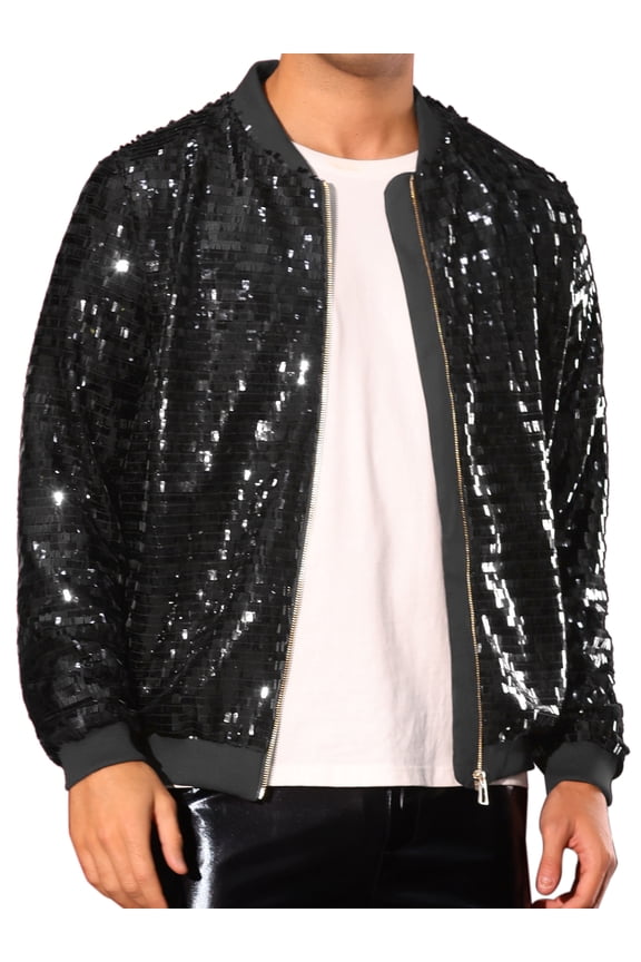 Men's Sequin Varsity Zipper Disco Sparkly Shiny Bomber Jacket S Black