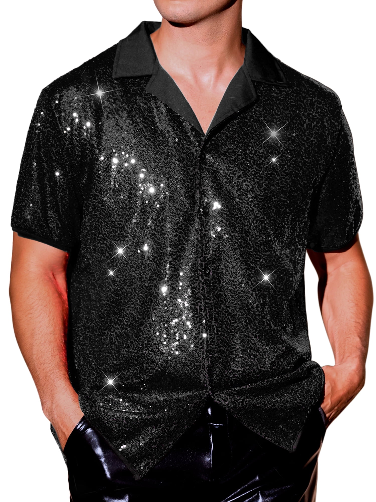DARING DIVA Men's Sequins Camp Collar Short Sleeve Button Down Shiny Shirt 2XL Black