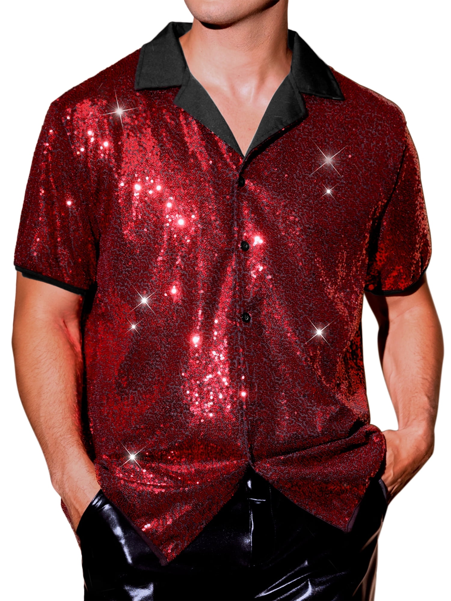 DARING DIVA Men's Sequins Camp Collar Short Sleeve Button Down Shiny Shirt 2XL Red