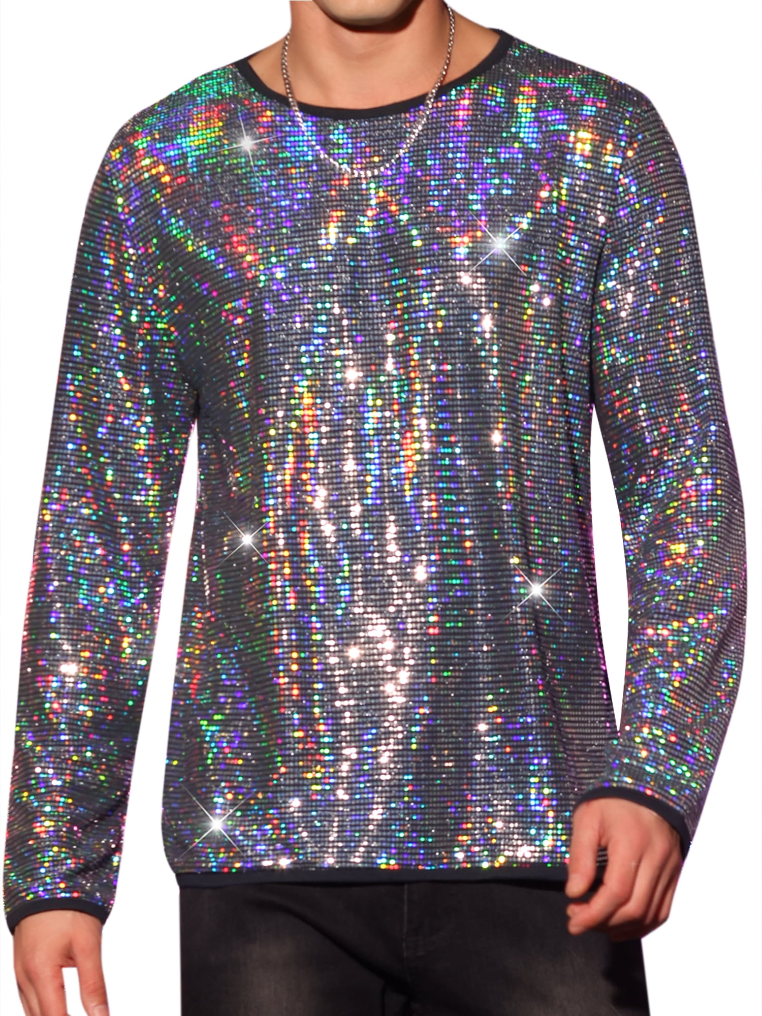 DARING DIVA Men's Sequins Crew Neck Long Sleeves Party Clubwear Sparkly T-Shirt 2XL Silver