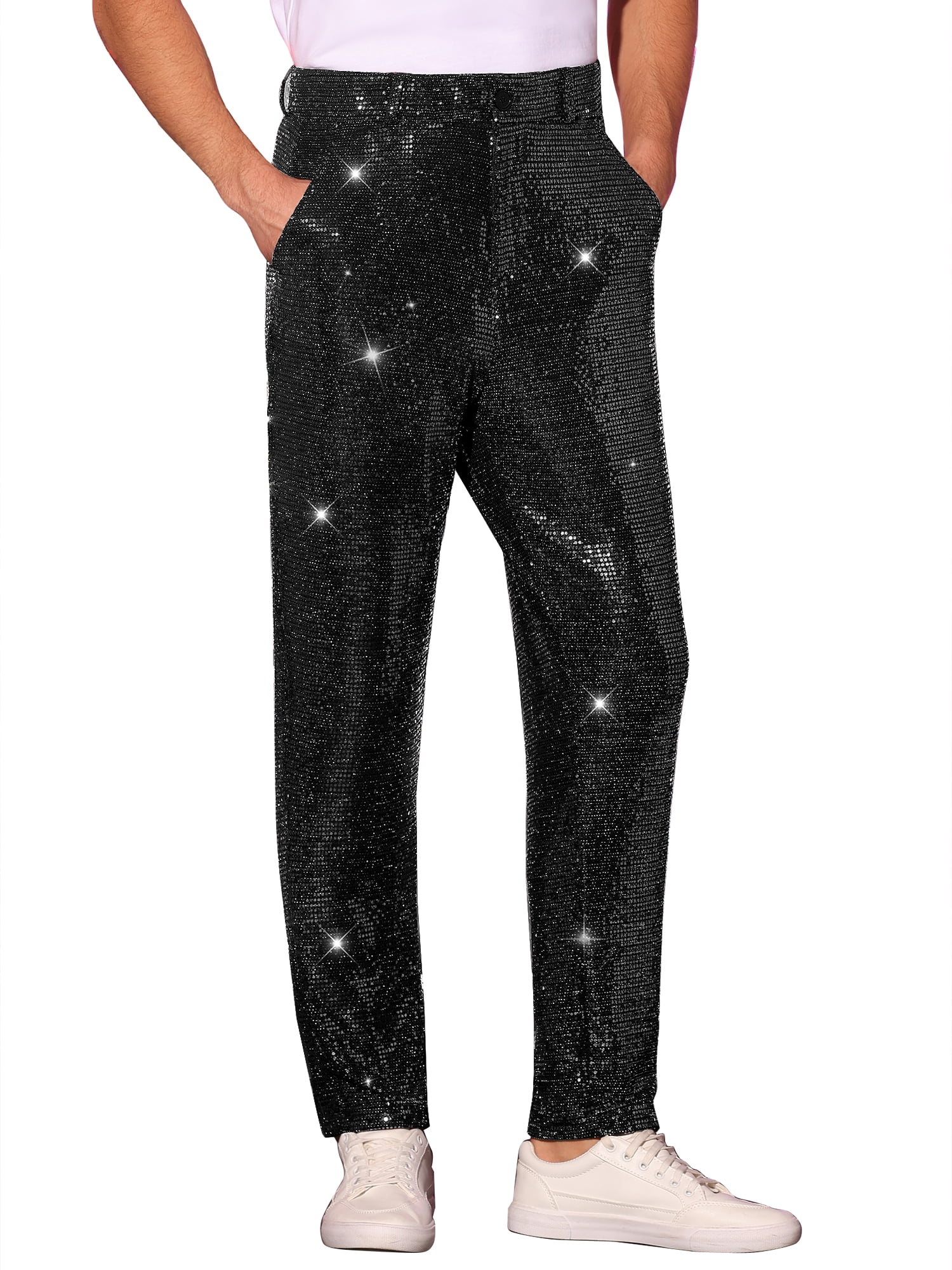 DARING DIVA Men's Sequins Pants Shiny Sparkly Straight Leg Trousers 34 Black