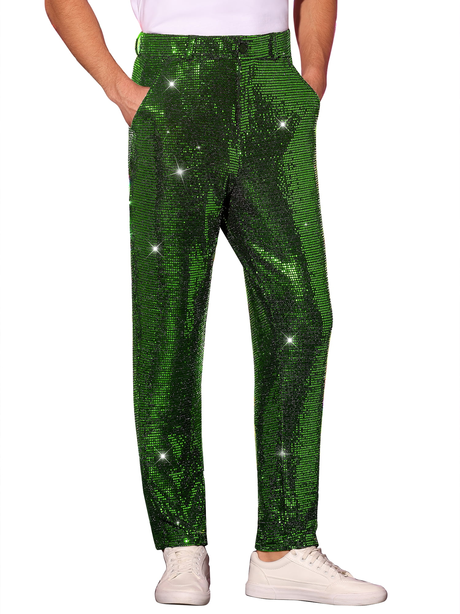 DARING DIVA Men's Sequins Pants Shiny Sparkly Straight Leg Trousers 34 Green