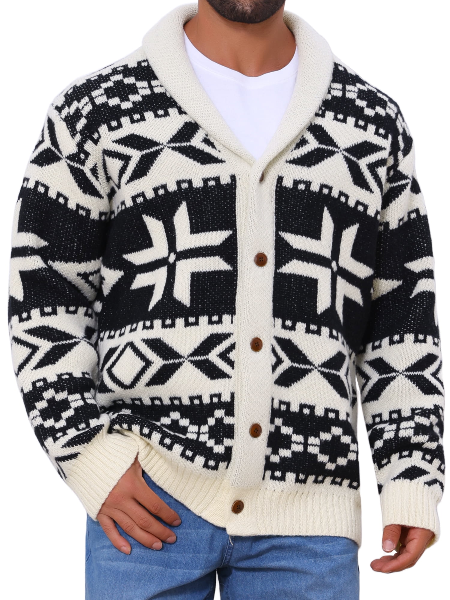 DARING DIVA Men's Shawl Collar Long Sleeved Knitwear Cardigan Sweater 2XL Black Beige