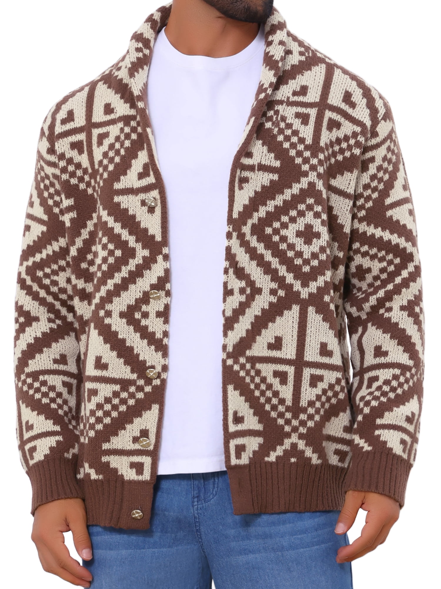 DARING DIVA Men's Shawl Collar Long Sleeved Knitwear Cardigan Sweater 2XL Brown