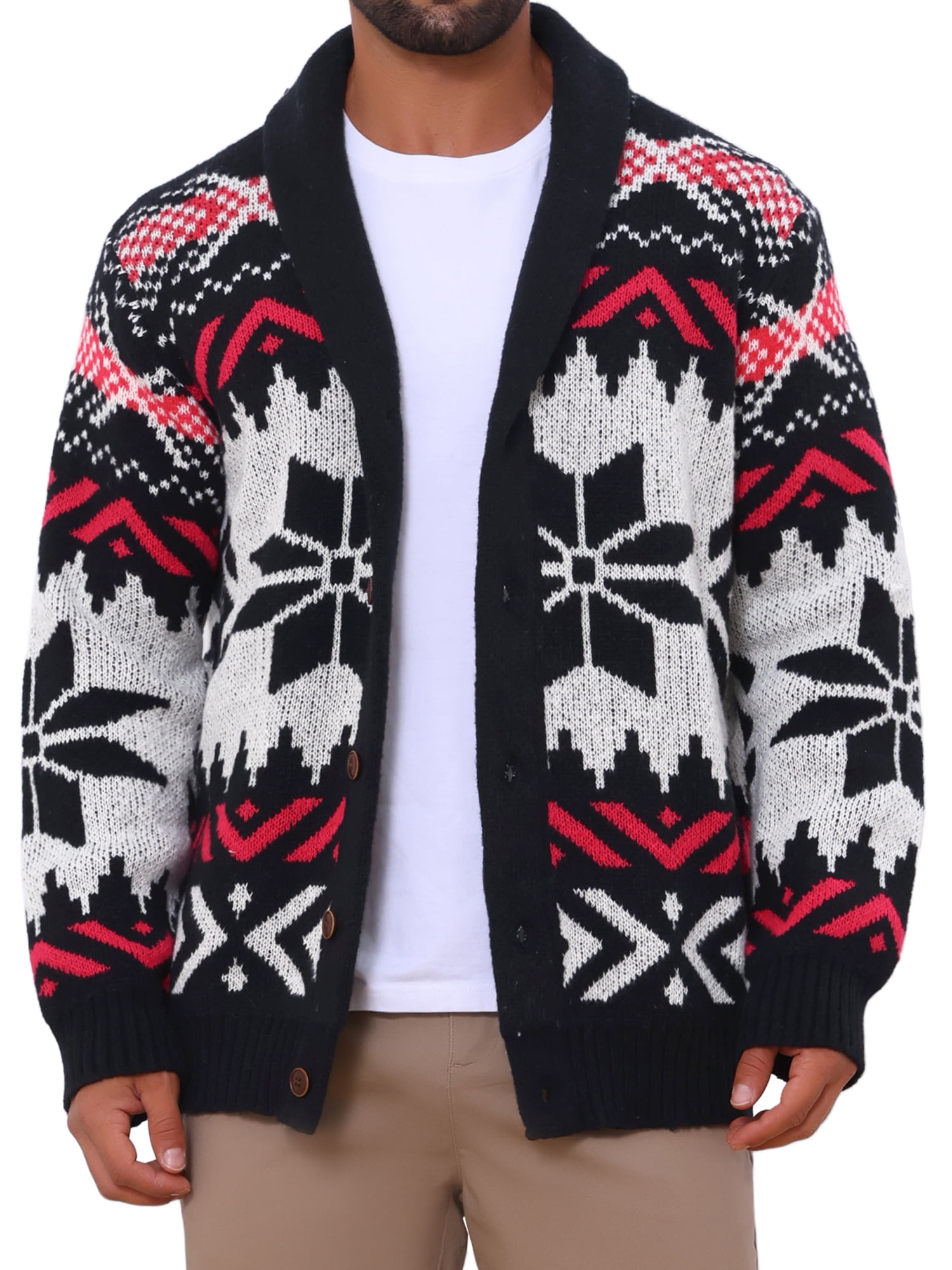 DARING DIVA Men's Shawl Collar Long Sleeved Knitwear Cardigan Sweater M Black Red