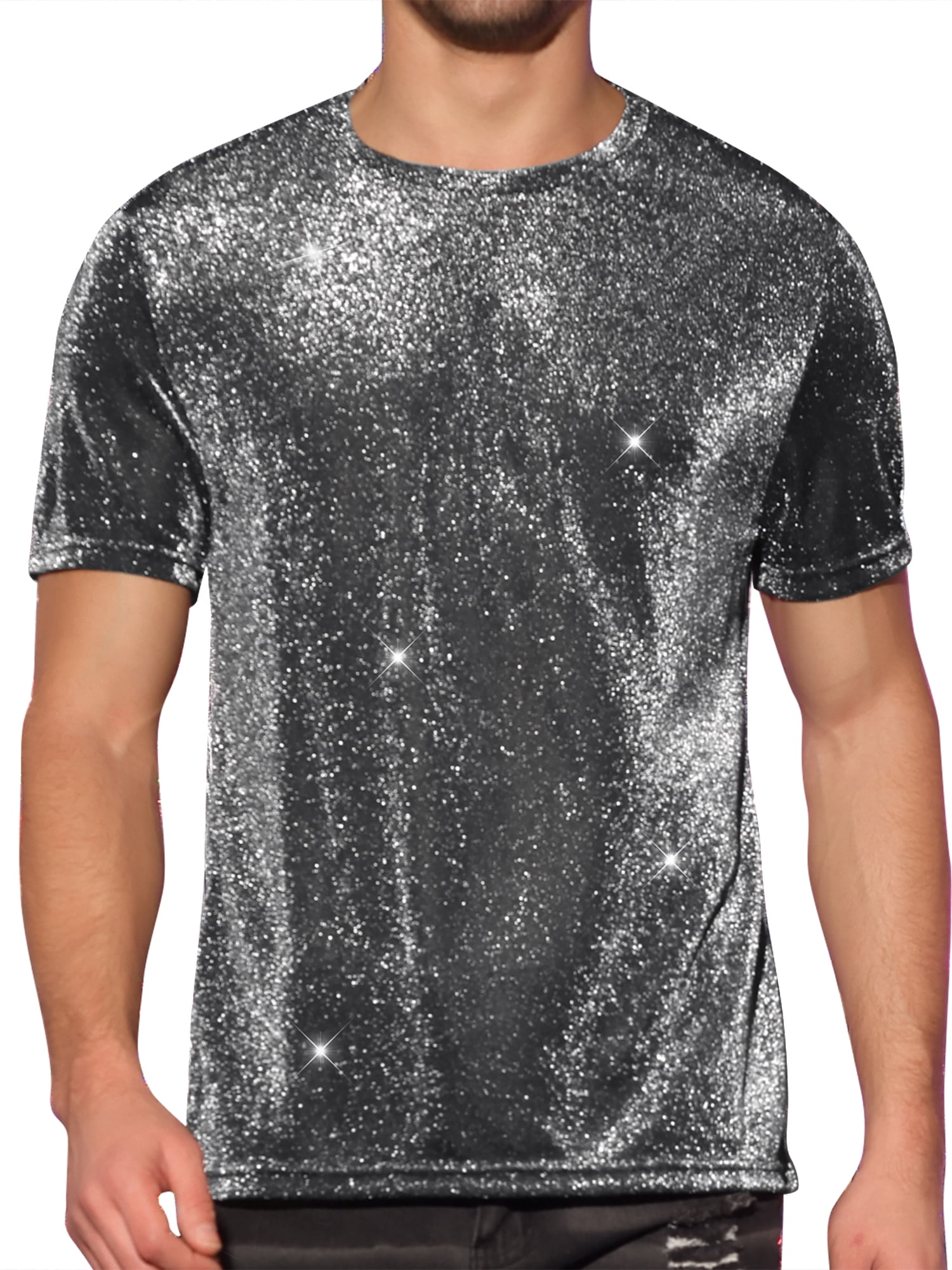 DARING DIVA Men's Shiny Sparkle Short Sleeve Crew Neck Metallic Glitter T-Shirt S Silver