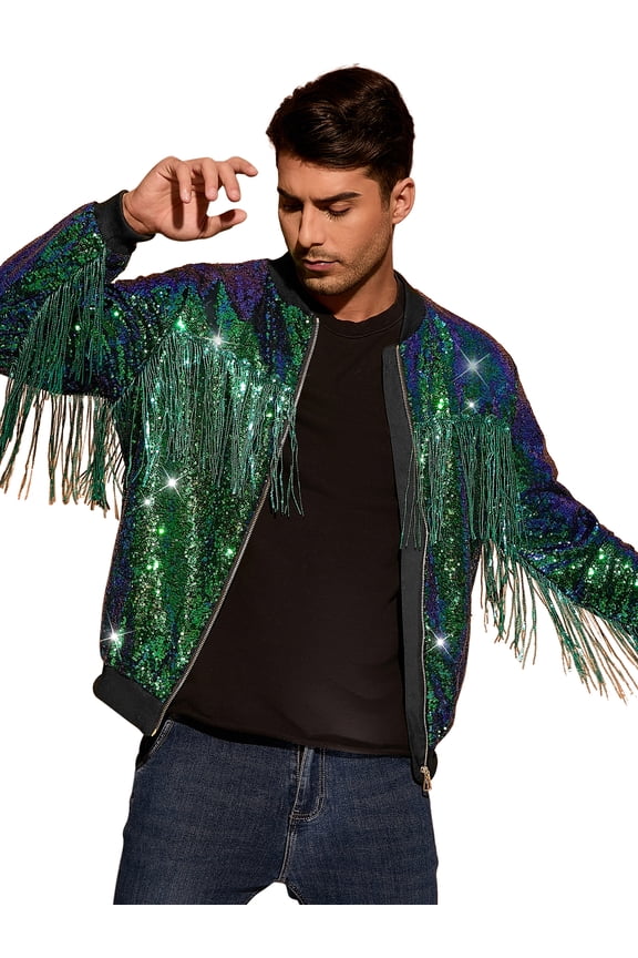 Men's Shiny Tassel Zipper Disco Sparkly Sequins Bomber Jacket L Green