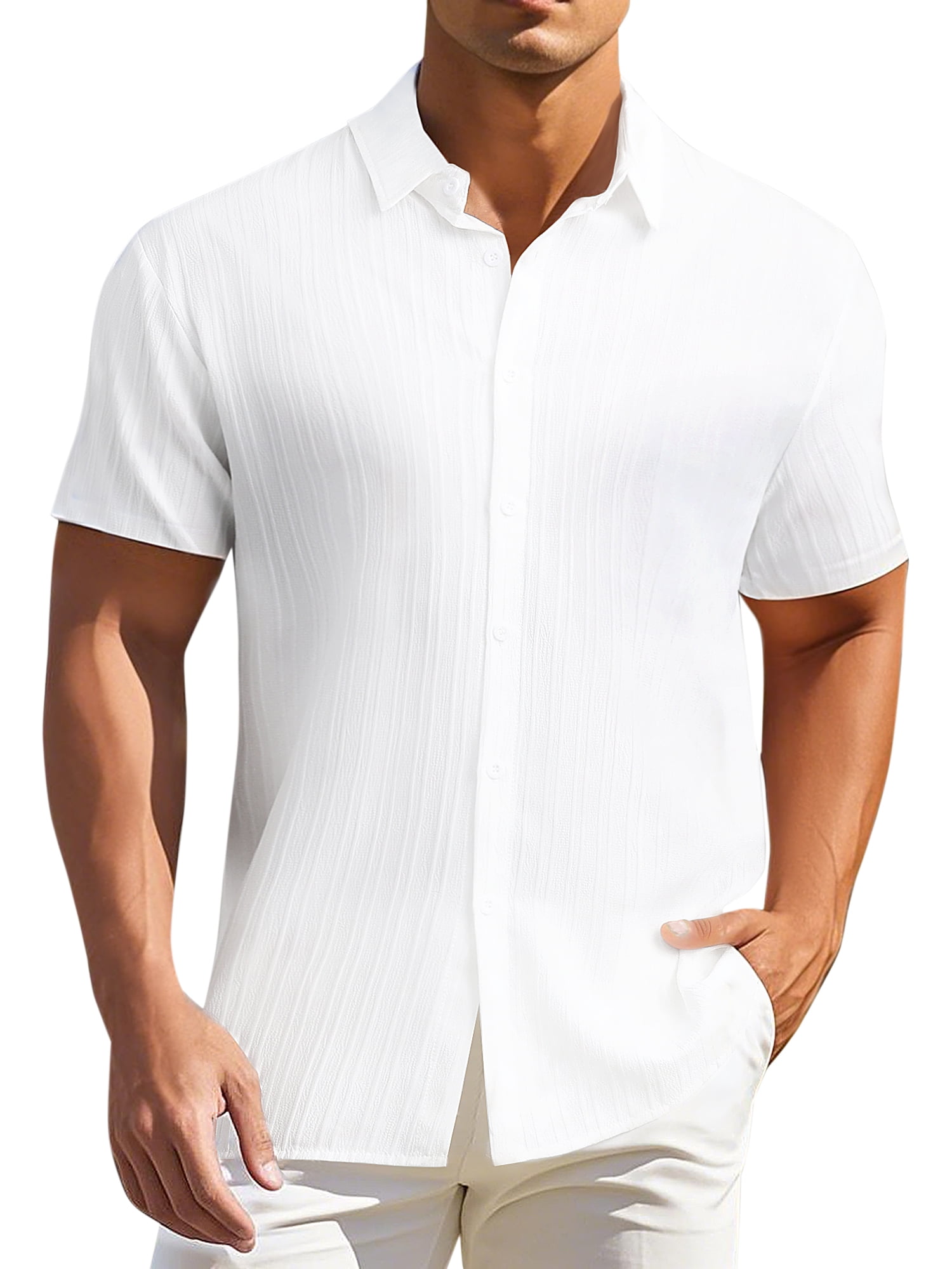 DARING DIVA Men's Short Sleeve Button Down Beach Summer Casual Shirt for Men 2XL White