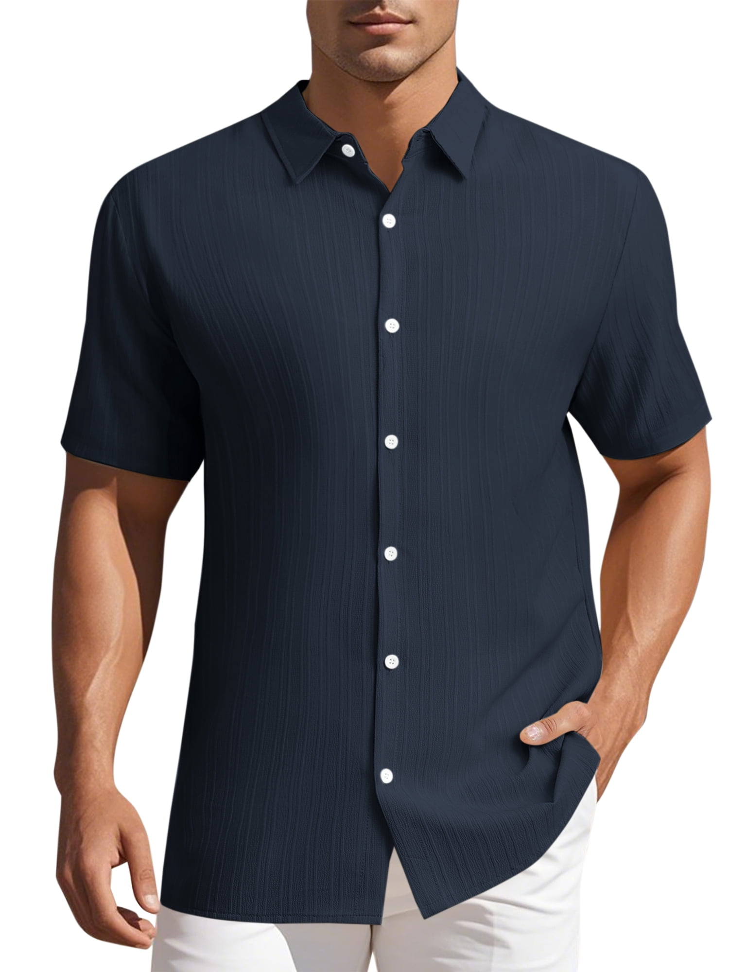 DARING DIVA Men's Short Sleeve Button Down Beach Summer Casual Shirt for Men S Navy Blue