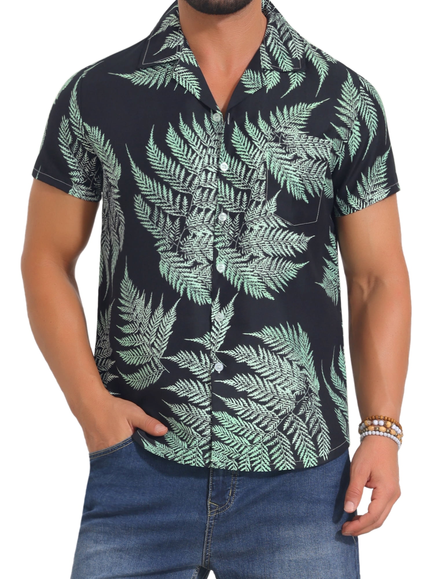 DARING DIVA Men's Short Sleeve Button Down Camp Collar Leaf Print Shirts 2XL Black Green