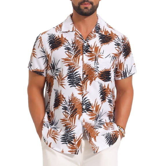 DARING DIVA Men's Short Sleeve Button Down Camp Collar Leaf Print Shirts L White Brown