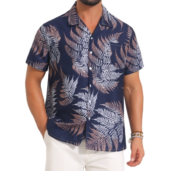 DARING DIVA Men's Short Sleeve Button Down Camp Collar Leaf Print Shirts M Dark Blue