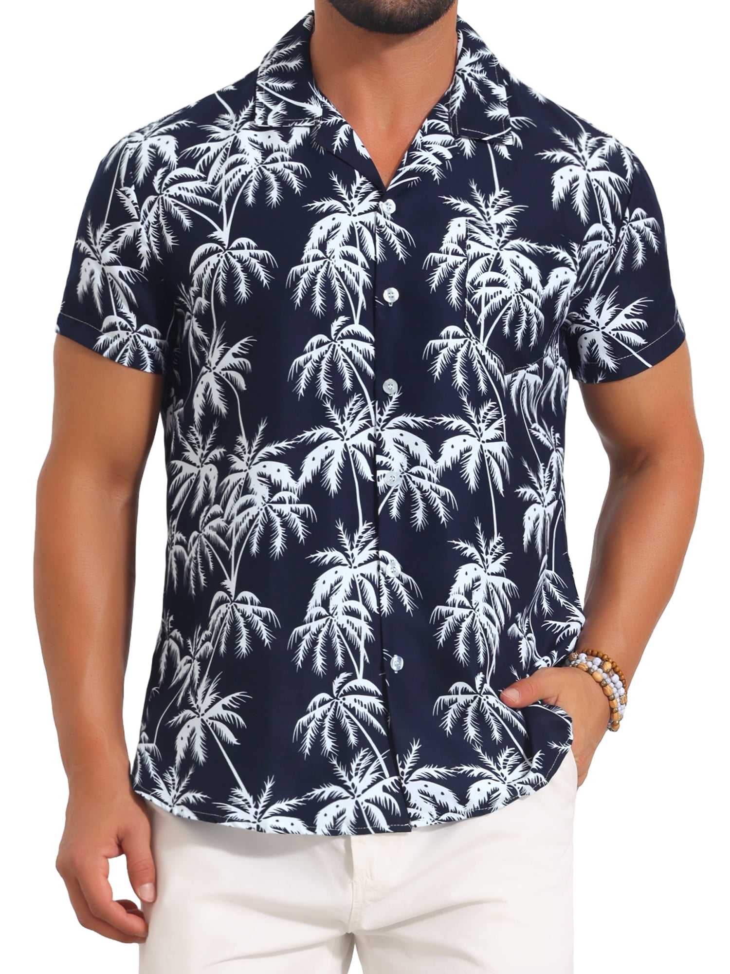DARING DIVA Men's Short Sleeve Button Down Camp Collar Leaf Print Shirts M Navy Blue