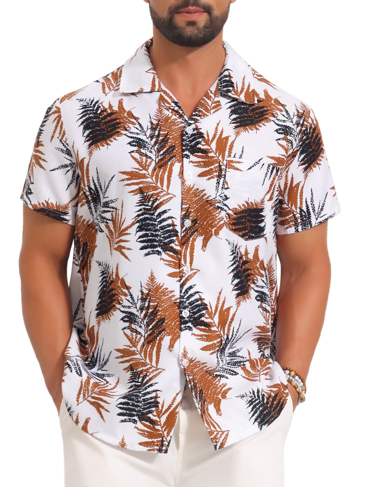 DARING DIVA Men's Short Sleeve Button Down Camp Collar Leaf Print Shirts M White Brown