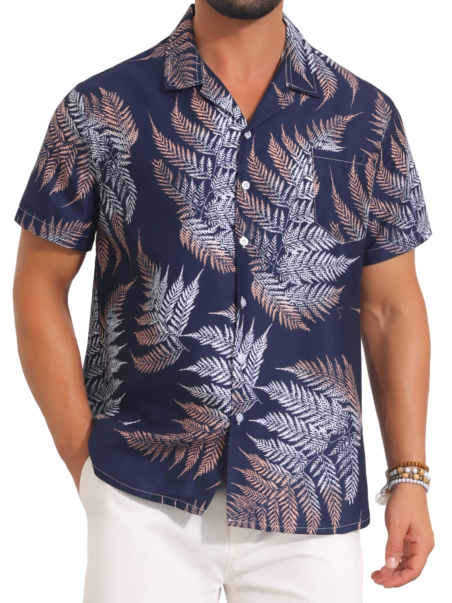 DARING DIVA Men's Short Sleeve Button Down Camp Collar Leaf Print Shirts XL Dark Blue