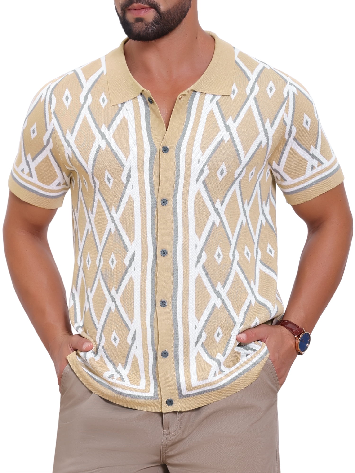 DARING DIVA Men's Short Sleeve Button Down Plaid Knitted Argyle Polo Shirt 2XL Khaki
