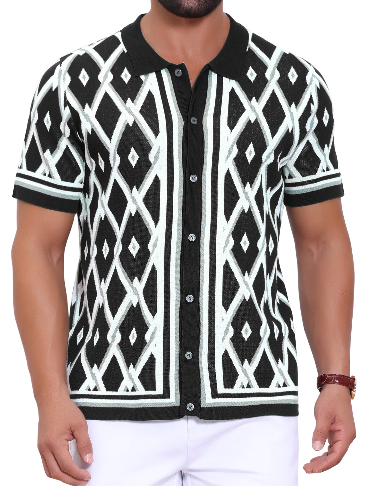 DARING DIVA Men's Short Sleeve Button Down Plaid Knitted Argyle Polo Shirt L Black