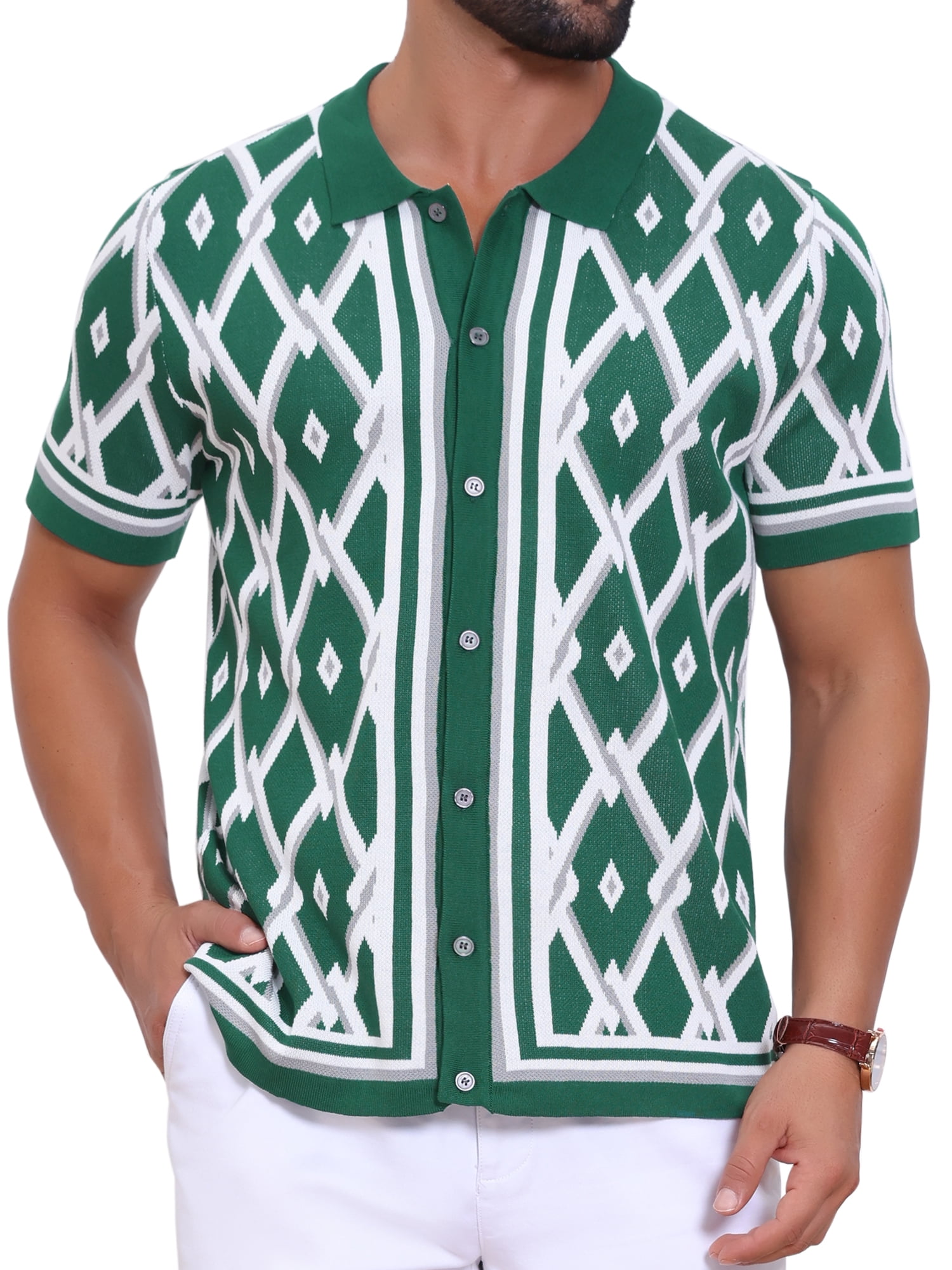 DARING DIVA Men's Short Sleeve Button Down Plaid Knitted Argyle Polo Shirt XL Green
