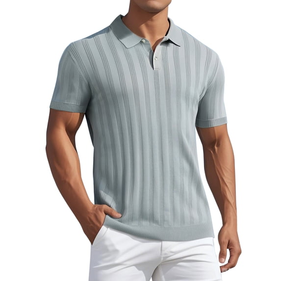 DARING DIVA Men's Short Sleeve Button Regular Fit Knit Texture Polo Shirt L Gray