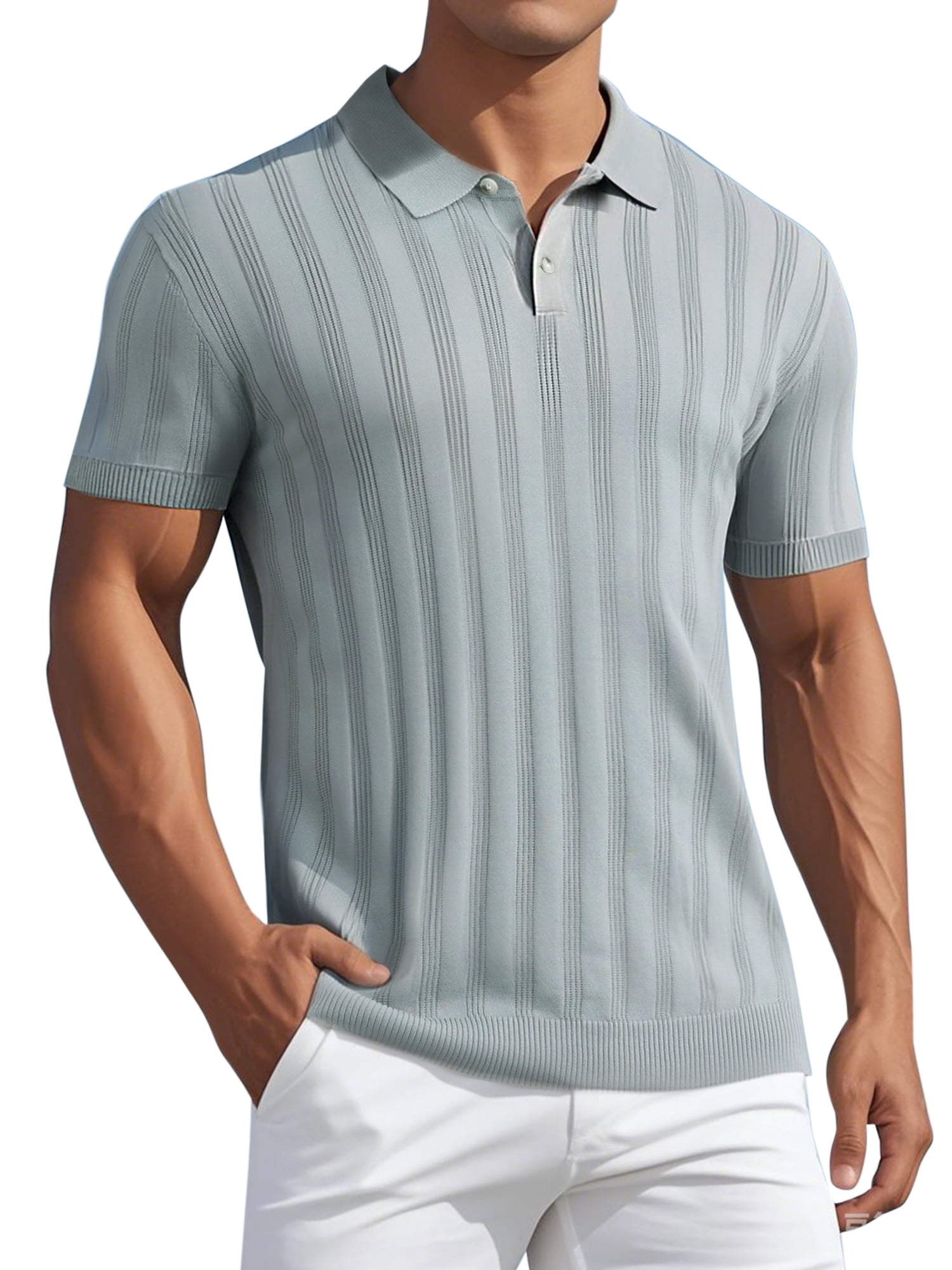 DARING DIVA Men's Short Sleeve Button Regular Fit Knit Texture Polo Shirt S Gray