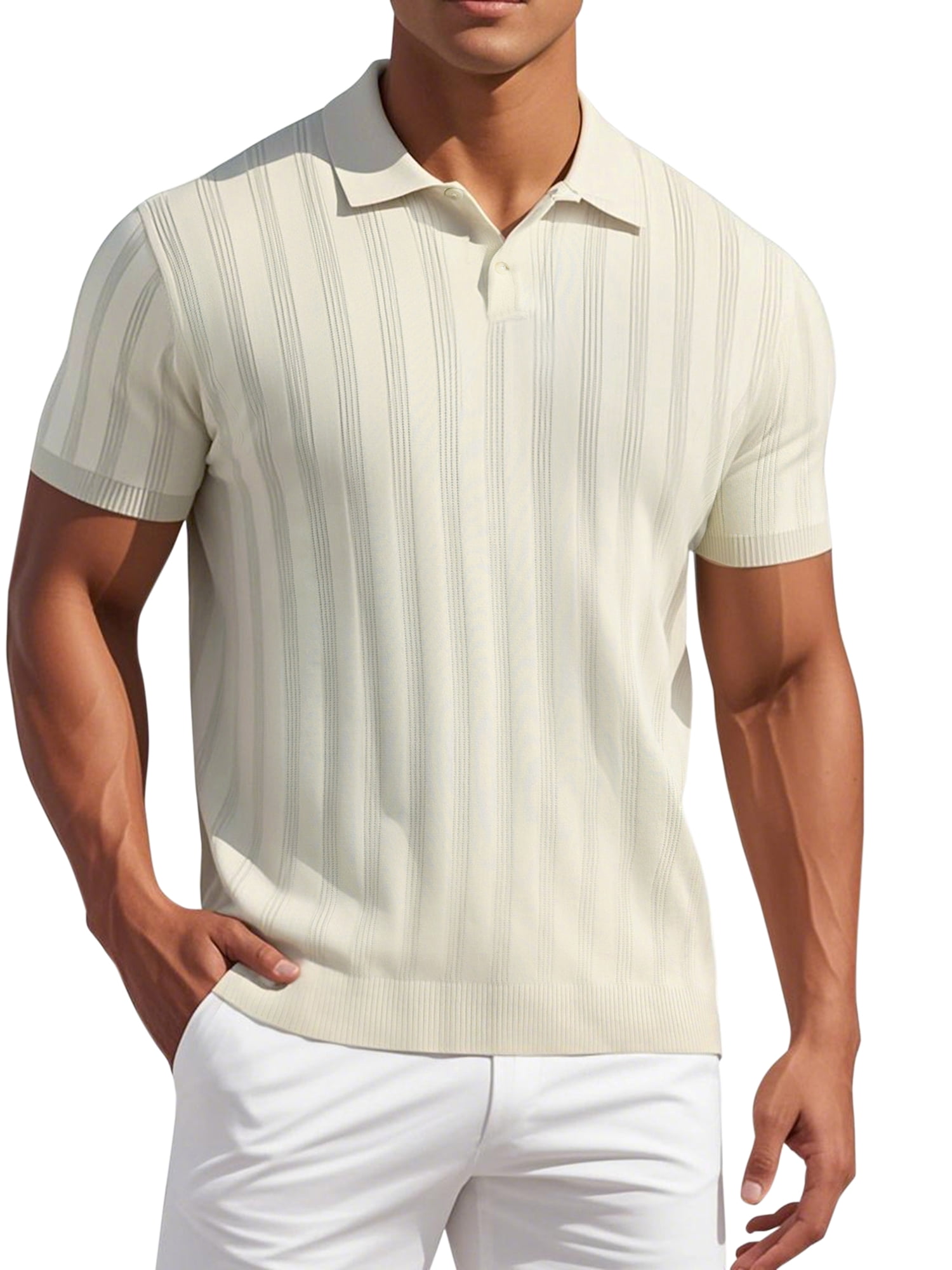 DARING DIVA Men's Short Sleeve Button Regular Fit Knit Texture Polo Shirt XL Apricot
