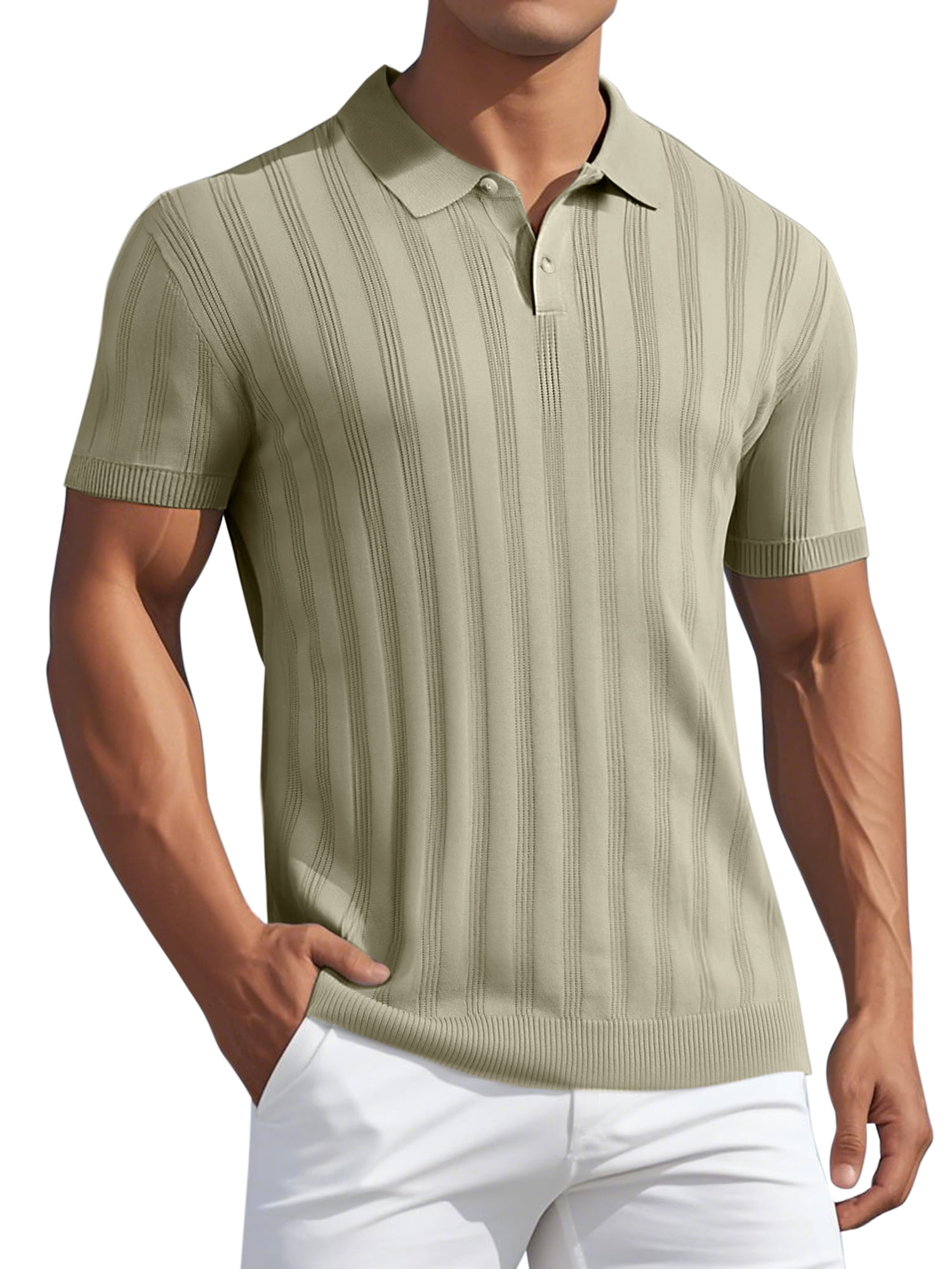 DARING DIVA Men's Short Sleeve Button Regular Fit Knit Texture Polo Shirt XL khaki