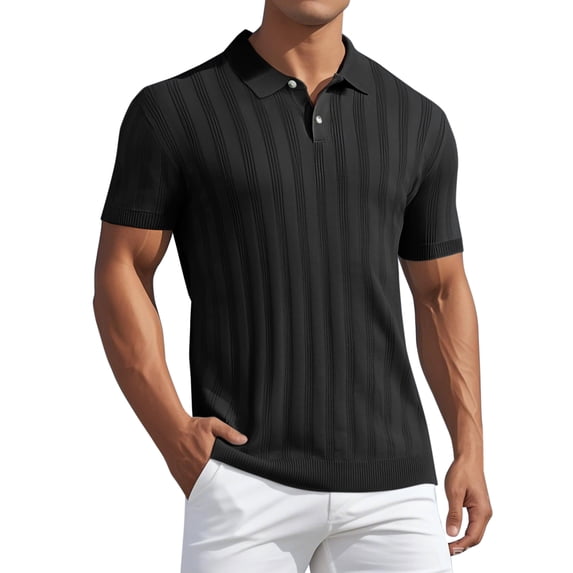 DARING DIVA Men's Short Sleeve Button Regular Fit Knit Texture Polo Shirt XXL Black