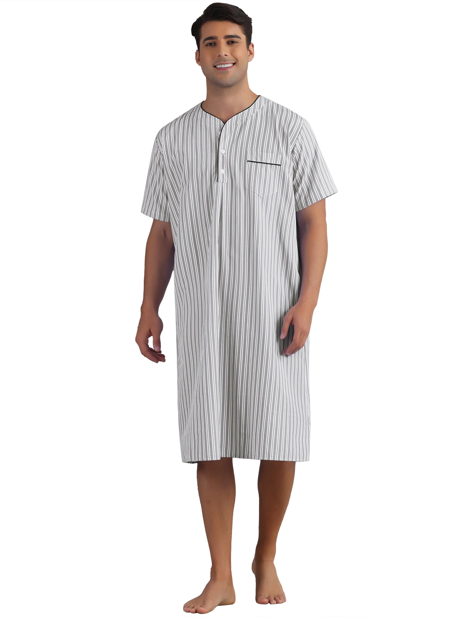 DARING DIVA Men's Short Sleeve Striped V-Neck Button Down Sleep Gown L Gray