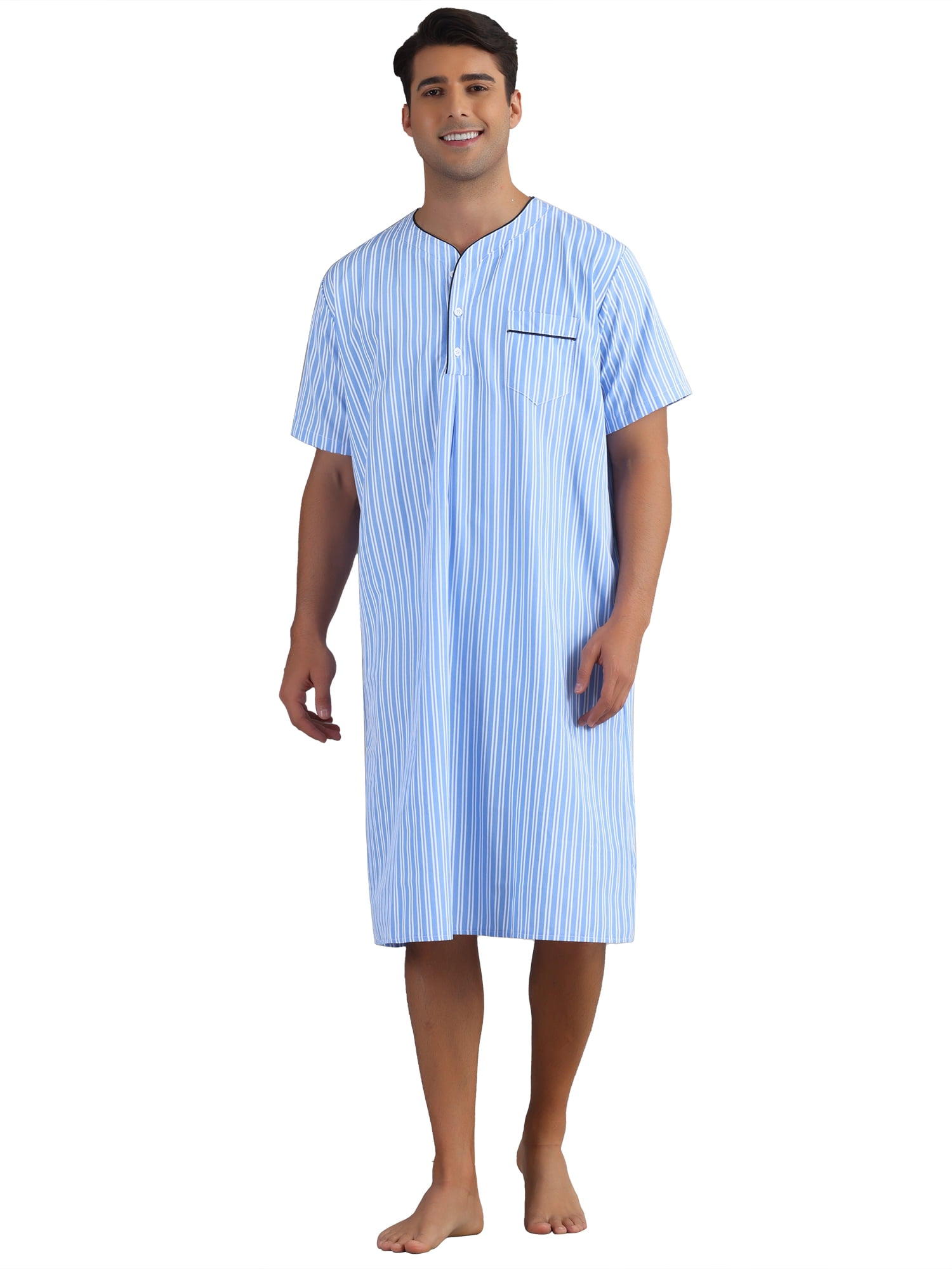 DARING DIVA Men's Short Sleeve Striped V-Neck Button Down Sleep Gown L Light Blue