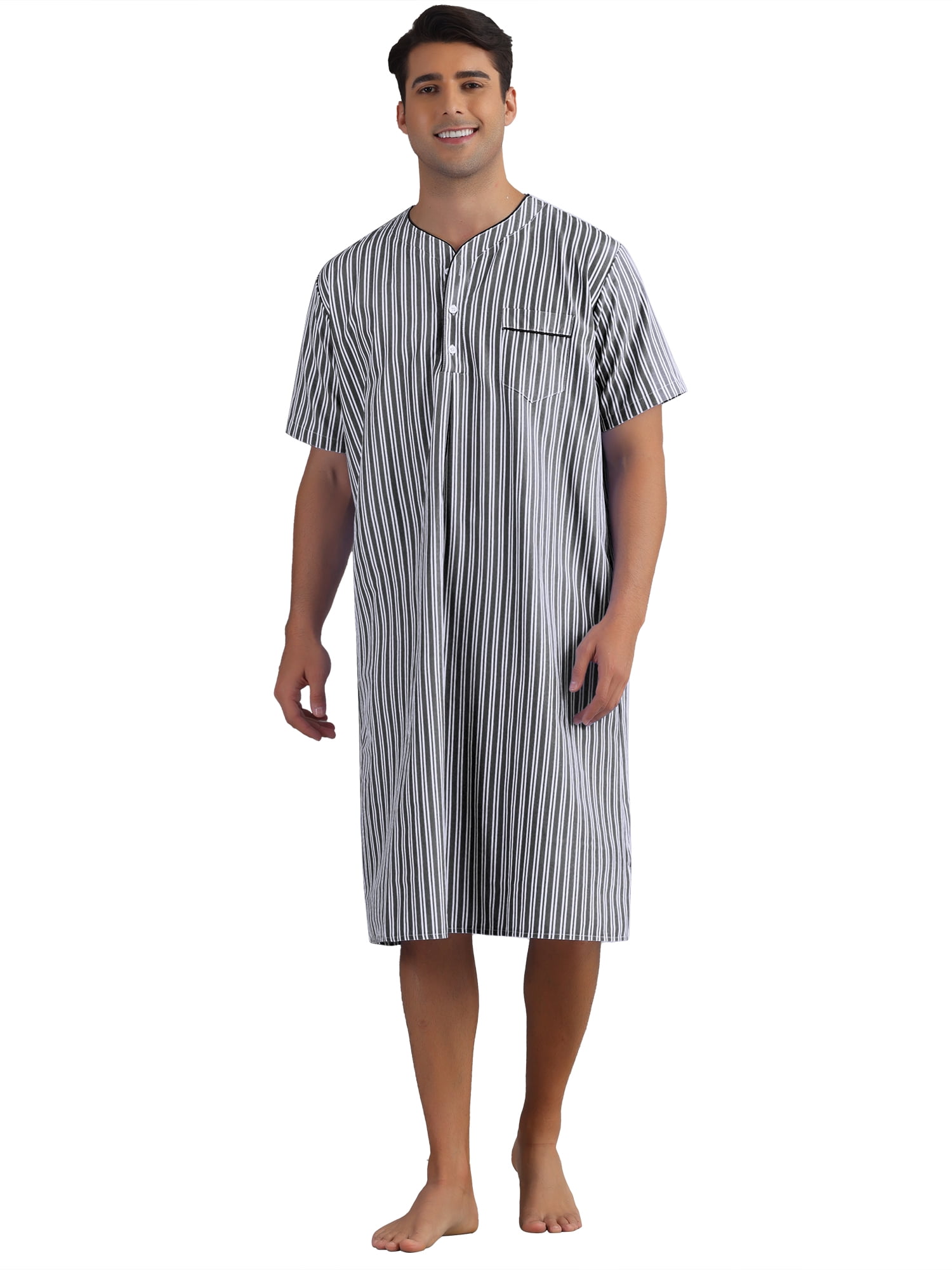 DARING DIVA Men's Short Sleeve Striped V-Neck Button Down Sleep Gown M Black