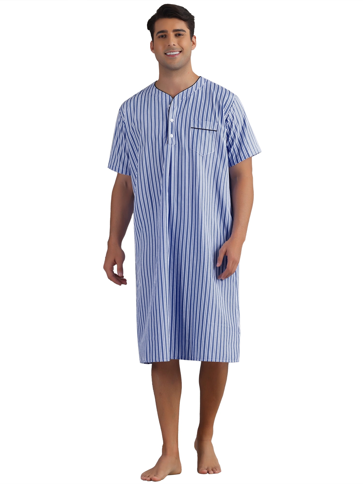 DARING DIVA Men's Short Sleeve Striped V-Neck Button Down Sleep Gown M Dark Blue