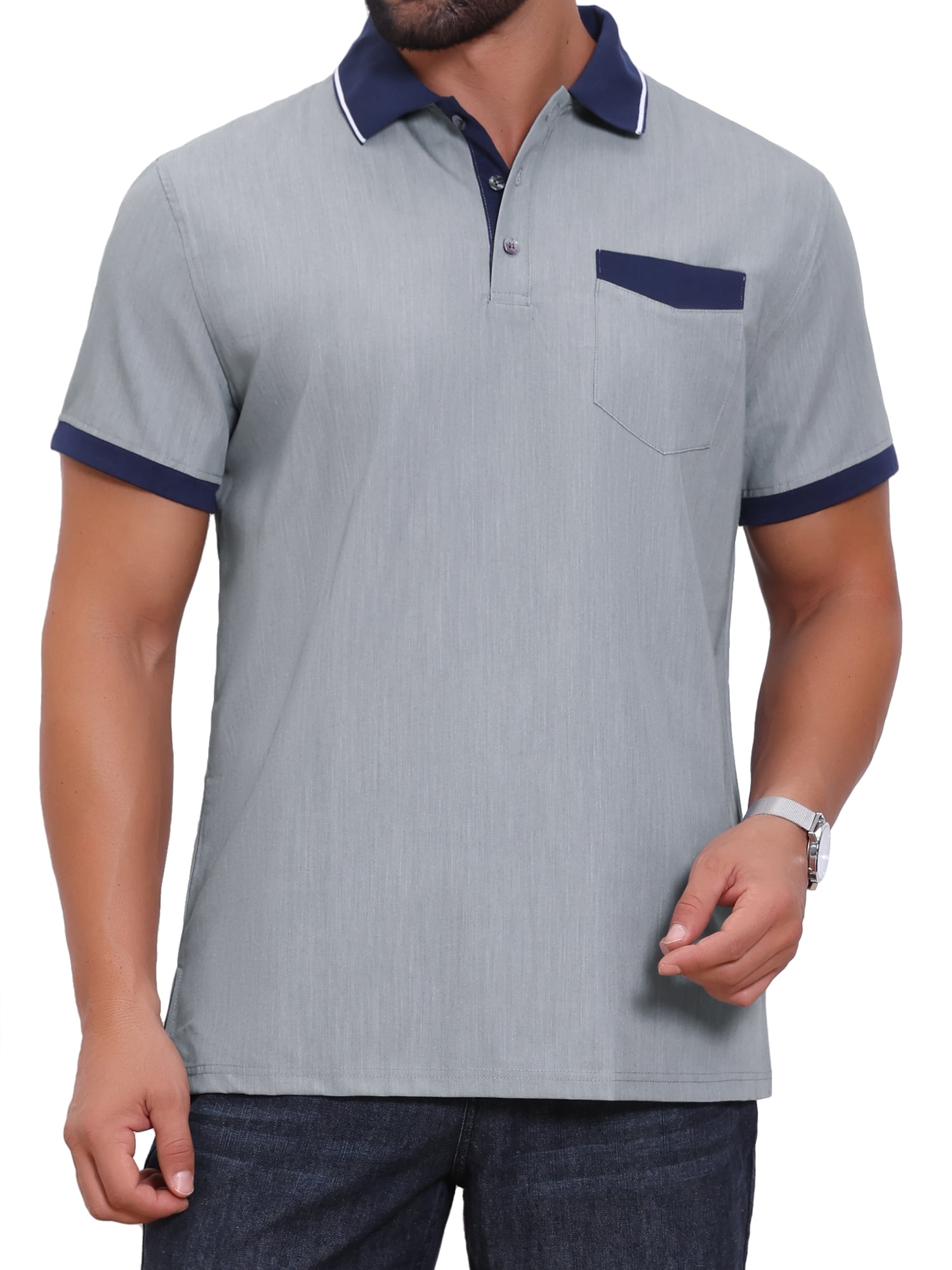 DARING DIVA Men's Short Sleeve Western Retro Stretch Color-Block Polo Shirts 2XL Gray
